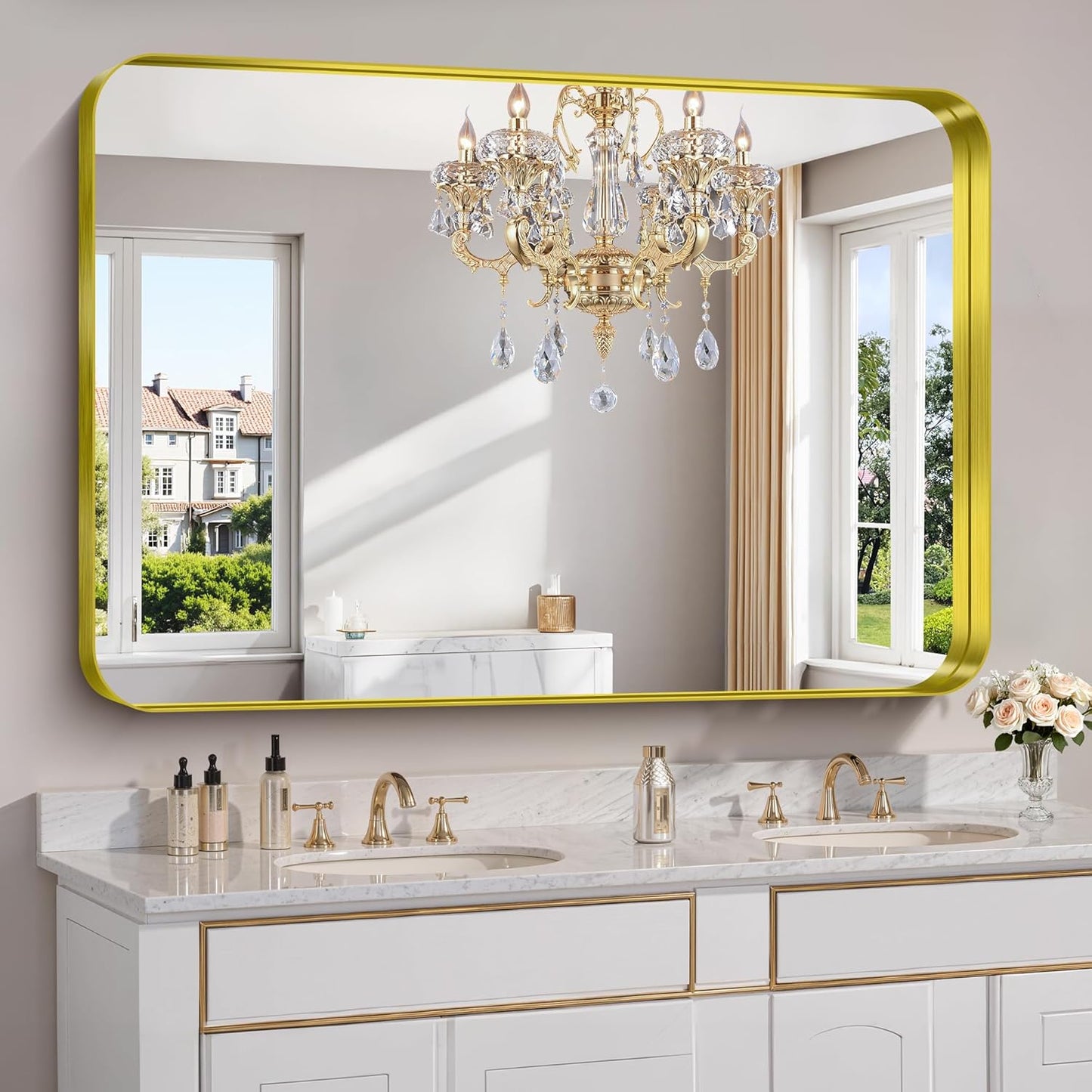 FORBATH 55x36 Inch Large Bathroom Mirror for Double Sinks, Brushed Gold Deep Frame Wall Mirror with Rounded Corners, Anti-Rust Tempered Glass for Modern Farmhouse Vanity (Horizontal/Vertical)