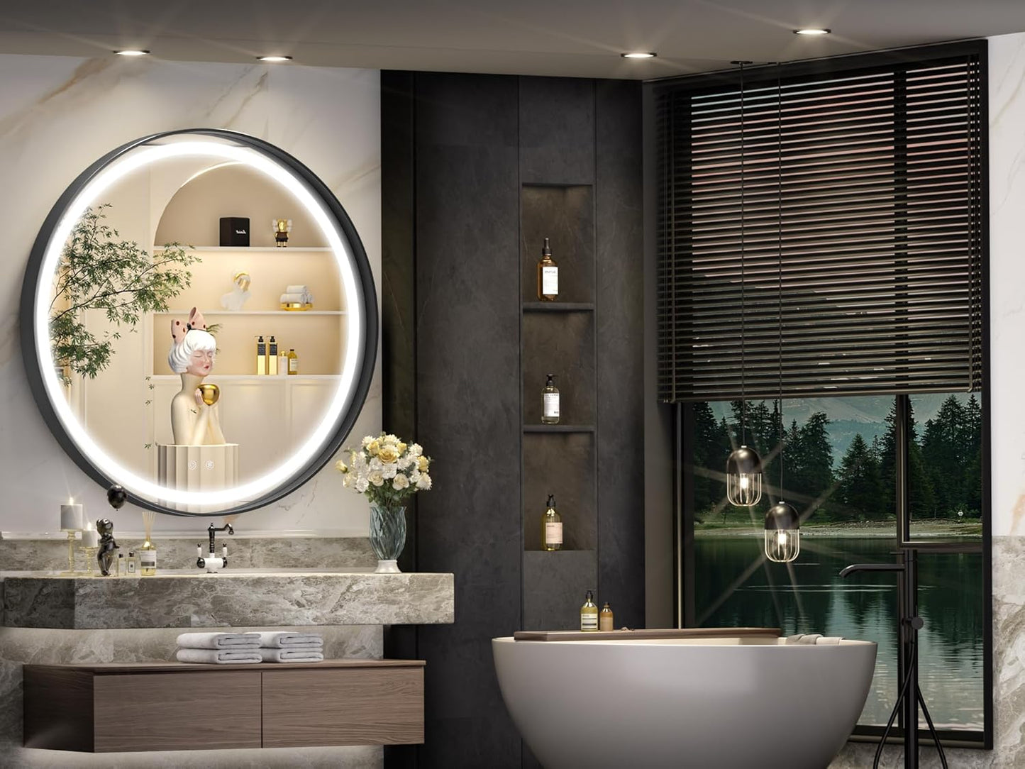 Hasipu 24 Round LED Mirror for Bathroom with Lights, Black Circle Vanity Mirror for Wall, Metal Framed Frontlit Bathroom Mirrors Anti-Fog, Dimmable, 3 Colors Makeup Mirror Wall Mounted