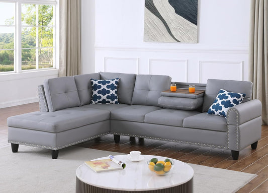 Ball & Cast 98" L Shaped Sectional Couch for Living Room,4 Seat Faux Leather Upholstered Modular Sectional Sofa Set 2 PCS with Chaise,Nailhead Trim,Cup Holders,Coffee Table and 2 Pillows for Home,Gray