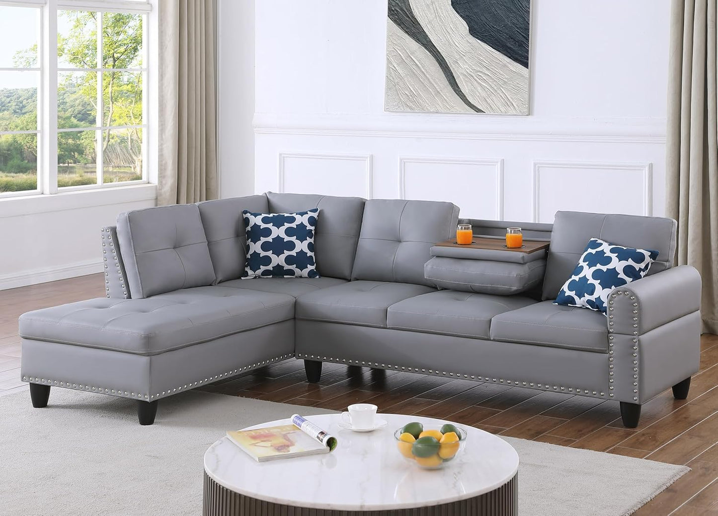 Ball & Cast 98" L Shaped Sectional Couch for Living Room with Storage Ottoman&Nailhead Trim,4 Seat Faux Leather Upholstered Modular Sectional Sofa Set 3 PCS W/Chaise&Cup Holders,for Home,Office,Gray