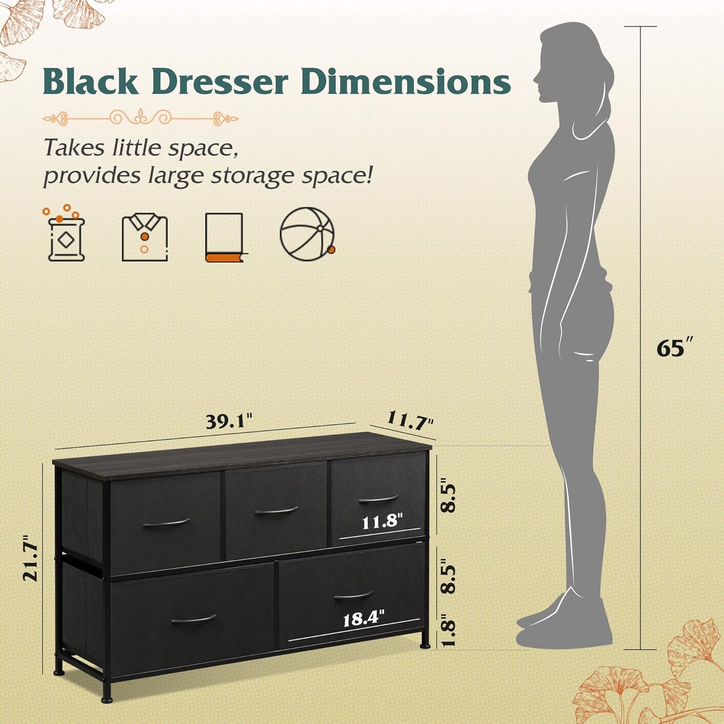 WLIVE Dresser for Bedroom with 5 Drawers, Wide Chest of Drawers, Fabric Dresser, Storage Organizer Unit with Fabric Bins for Closet, Living Room, Hallway, Charcoal Black