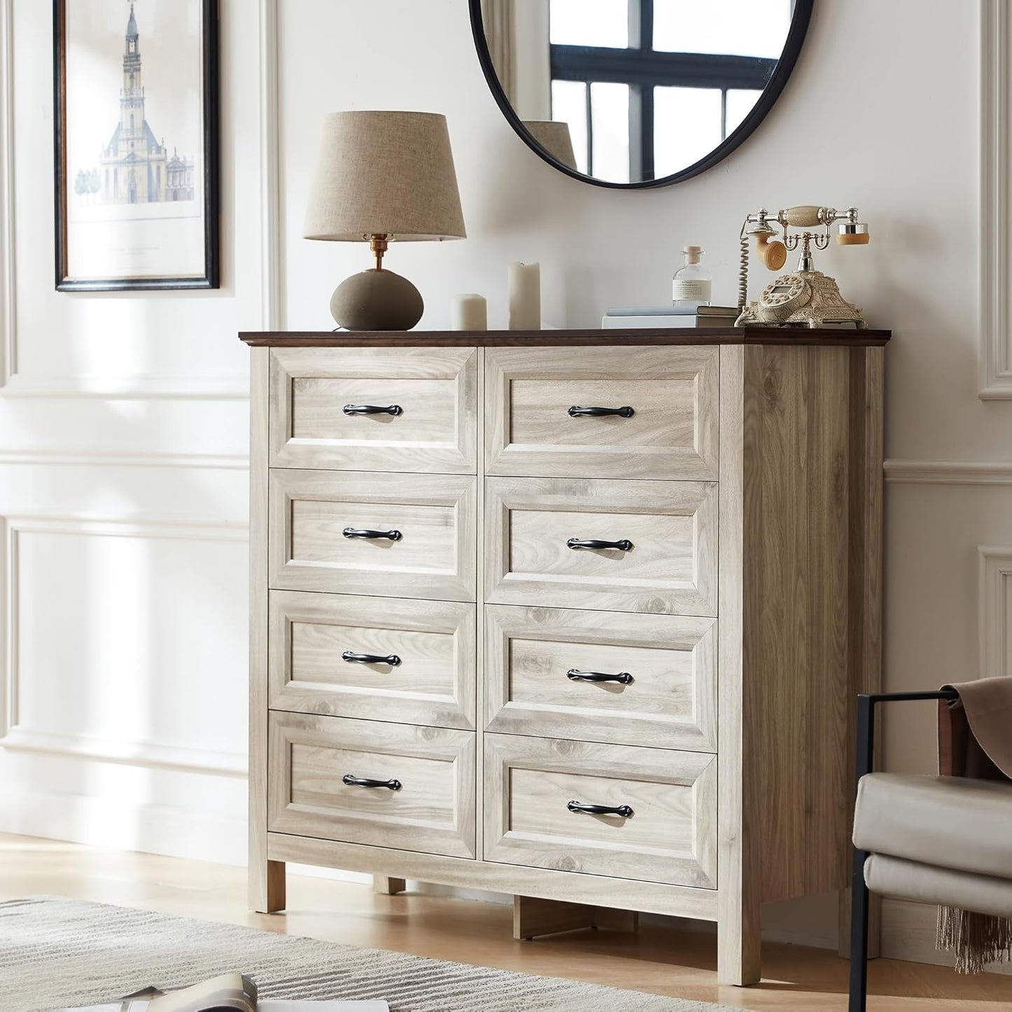 LINSY HOME 8 Drawers Dresser for Bedroom, 47" Wide Wooden Storage Chest with Antique Handles, Modern Farmhouse Dresser TV Stand with Wood Legs for Closet, Living Room, Hallway, Beige