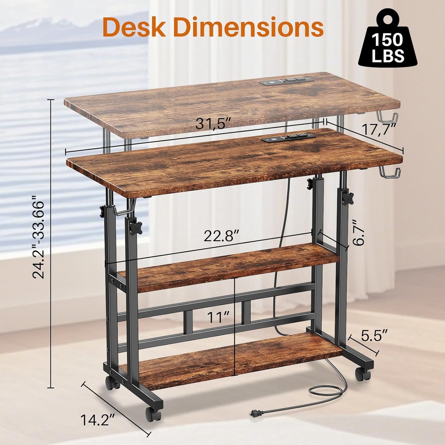Adjustable Height Standing Desk with Power Outlets, Rolling Stand Up Desk with Storage Shelves, 31.5" Small Mobile Computer Desk, Portable Laptop Table (Brown)
