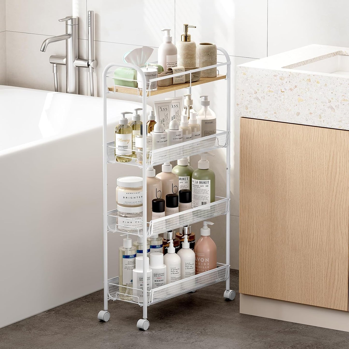 KINGRACK Metal Slim Rolling Cart,4-Tier Metal Utility Cart,Storage Cart with Wooden Tabletop, for Narrow Space on Laundry Bathroom Kitchen Room Bedroom Apartments Dormitory (Pure White, Slim)