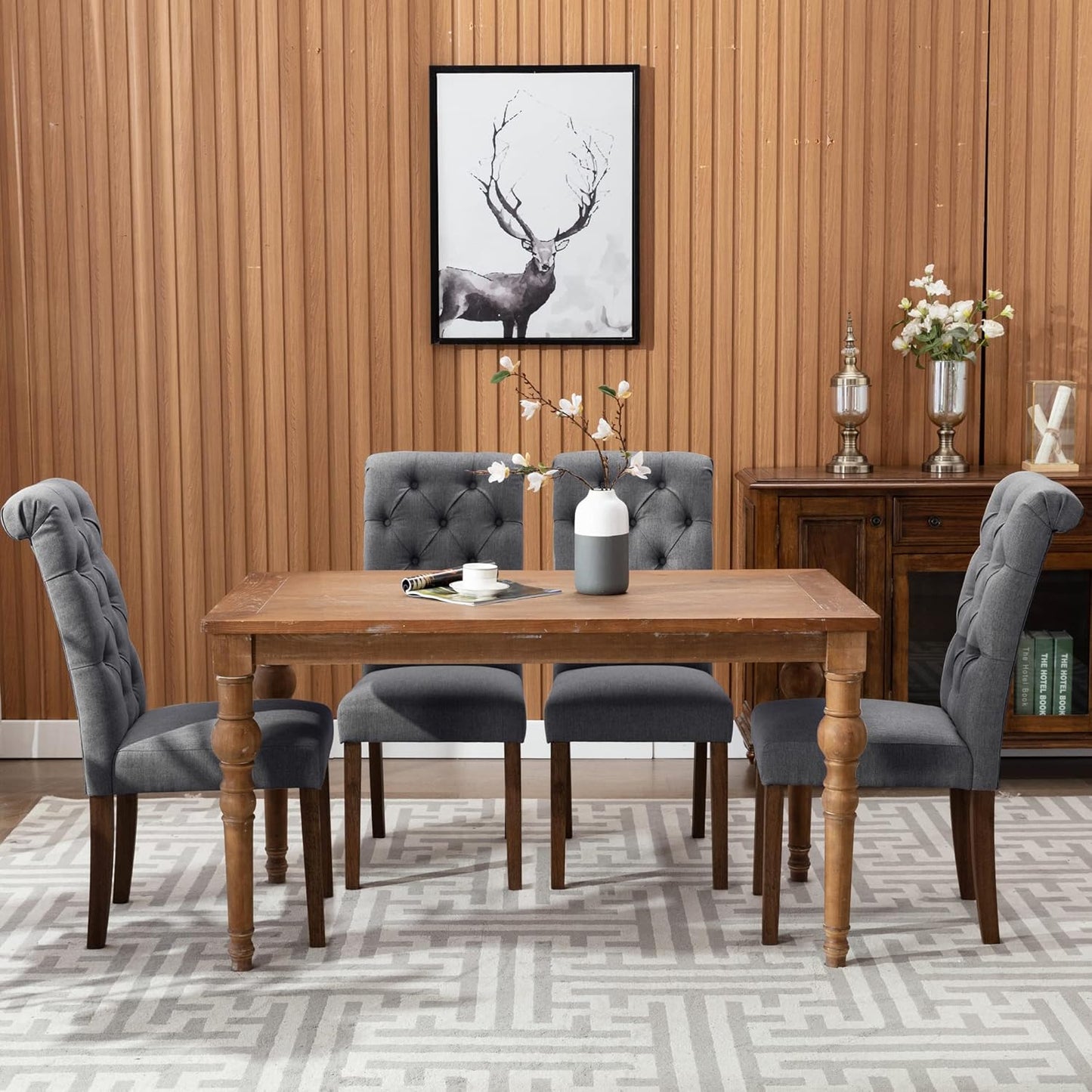 COLAMY Button Tufted Dining Chairs Set of 2, Parsons Upholstered Fabric Dining Room Chairs Kitchen Chairs with Wood Legs and Padded Seat, Dark Grey