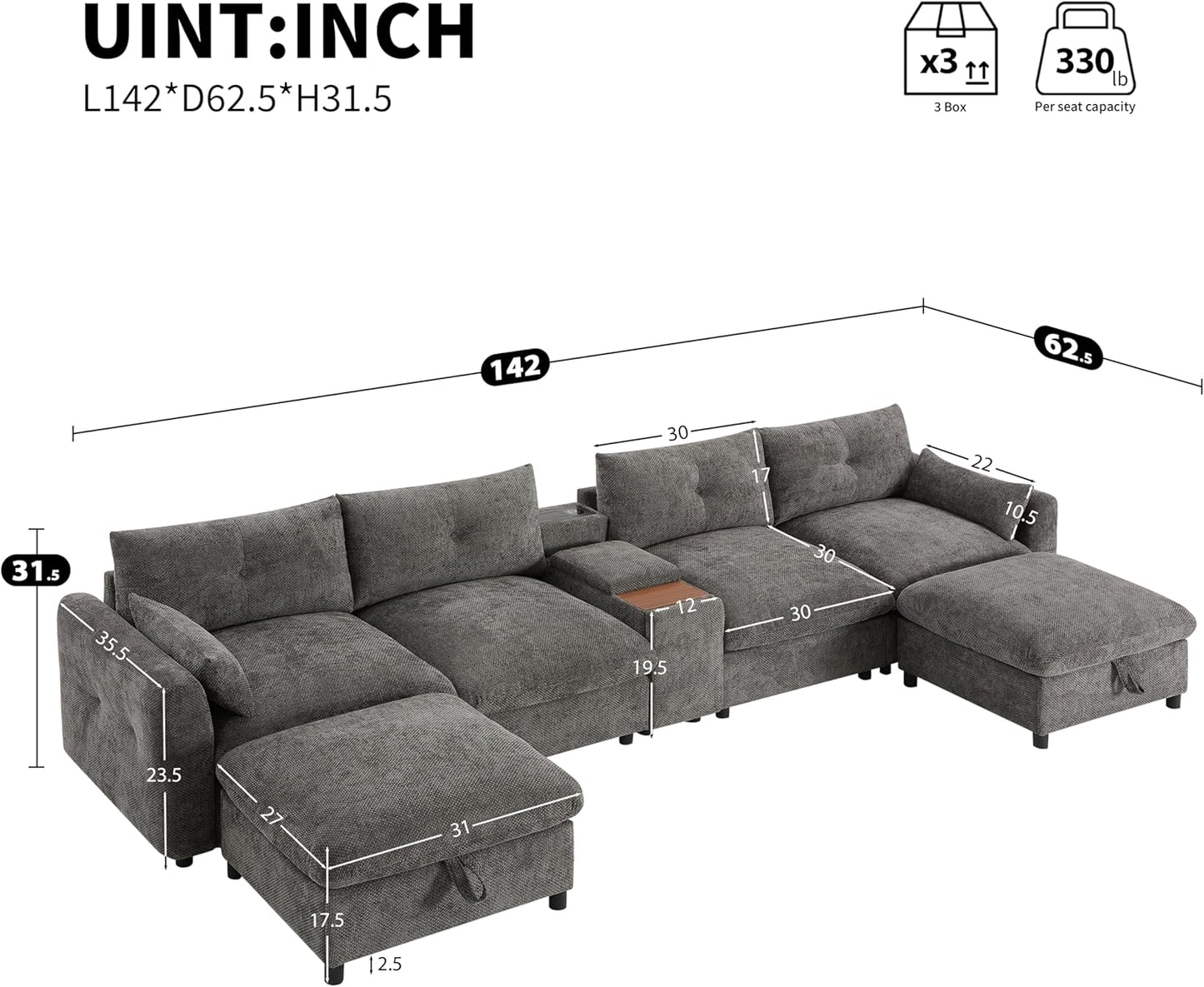 Merax 142'' Modular Sectional Sofa Set with Movable Storage Ottoman and Console, Cup Holder, Wide Seat, 6 Seat U Shaped Couch, Oversized Chenille Sofa with USB Charger for Living Room, Apartment, Gray