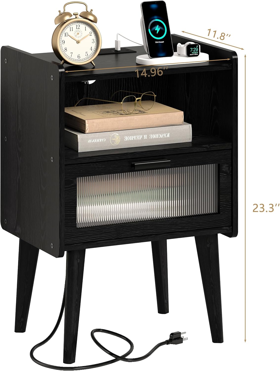 Nightstand with Charging Station, Bedside Tables with Glass Decorative Door, Black Wood Grain End Table, Side Table with 2 Tiers Storage Space for Bedroom Living Room CAMLBZ07XE