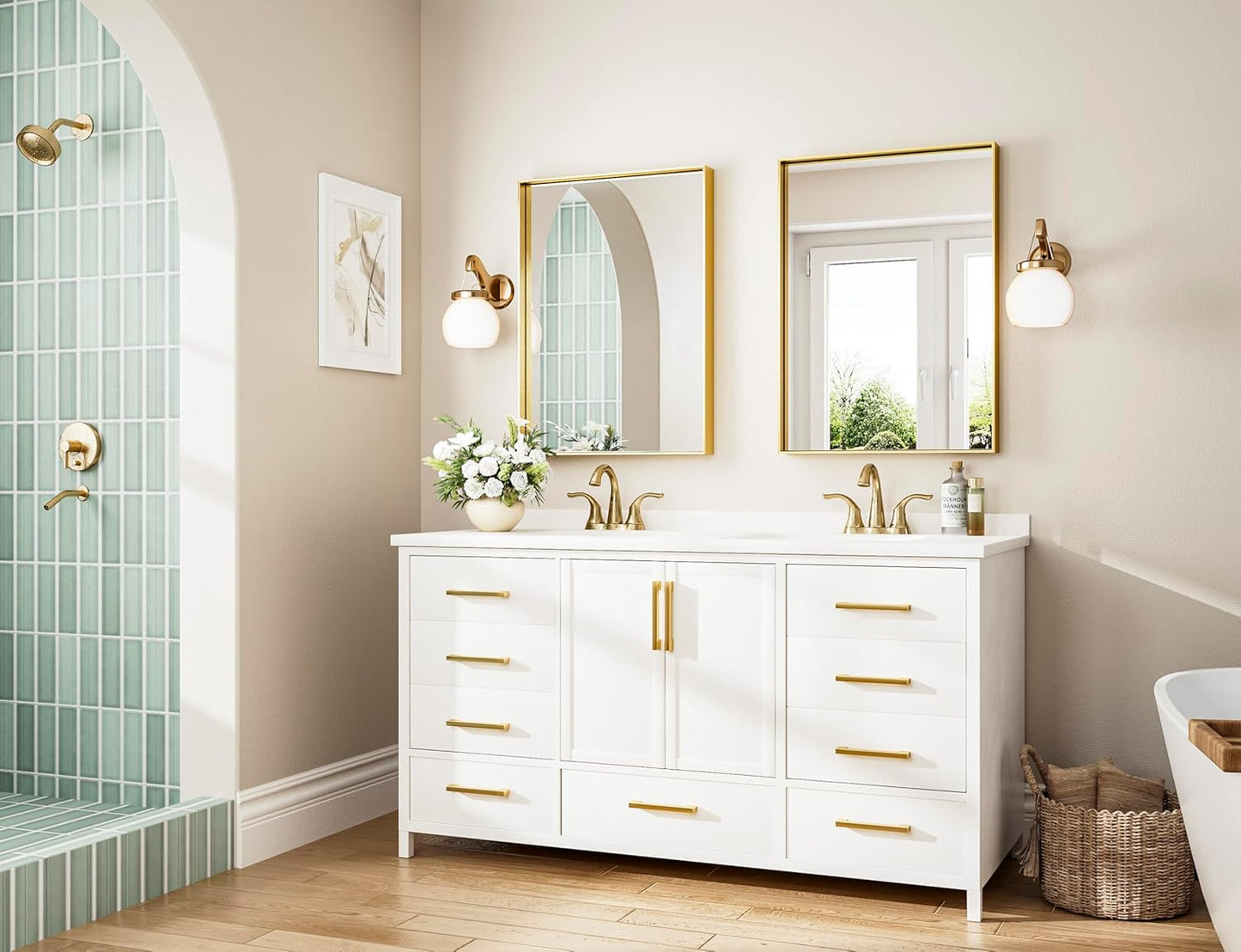 Keonjinn Brushed Shiny Gold Bathroom Mirror 22 x 30 Inch, Rectangle Gold Vanity Mirror for Wall, Aluminum Alloy Metal Framed, Modern Farmhouse, Square Corner, Brass Mirrors for Over Sink