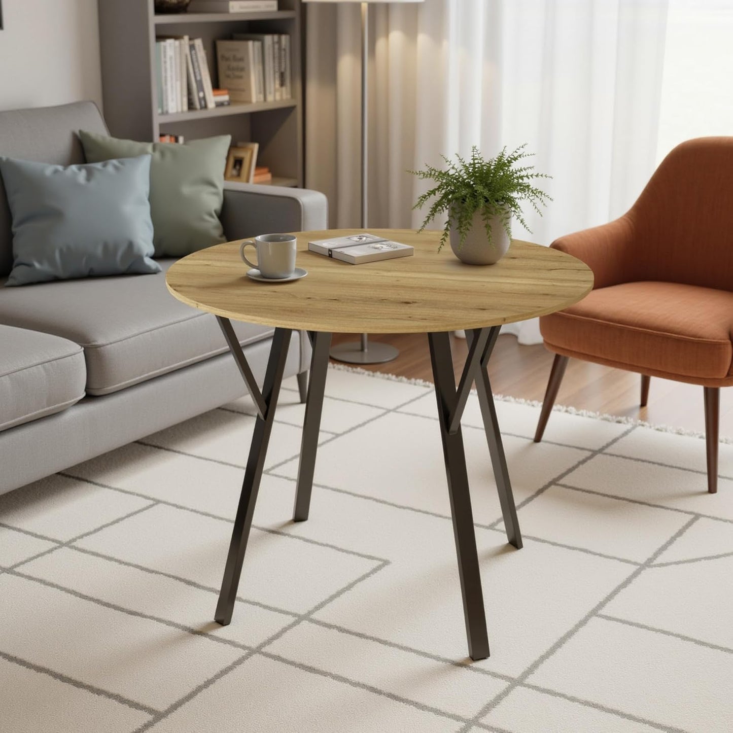 35" Round Dining Table for 4, Modern Small Circle Dinner Table Farmhouse Round Kitchen Tables with Metal Legs for Dining Room, Kitchen, Living Room, Light Brown & Black