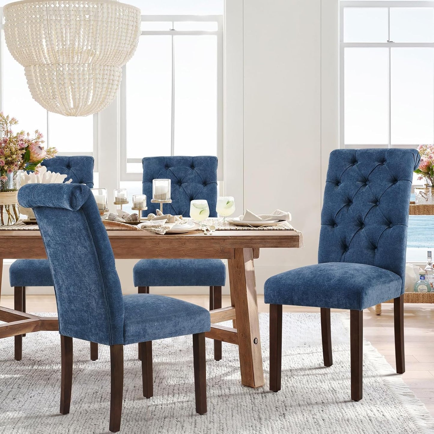 COLAMY Button Tufted Dining Chairs Set of 2, Parsons Upholstered Fabric Dining Room Chairs Kitchen Chairs with Wood Legs and Padded Seat, Blue