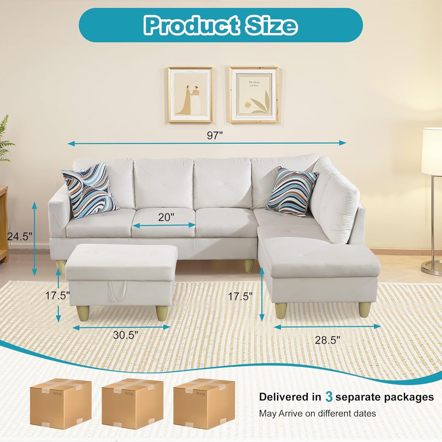 Couches for Living Room Modern L Shaped Couch Comfy Flannel Fabric 3 Pieces Sectional Sofa with Chaise, Ottoman with Storage for Office and Small Apartment, White