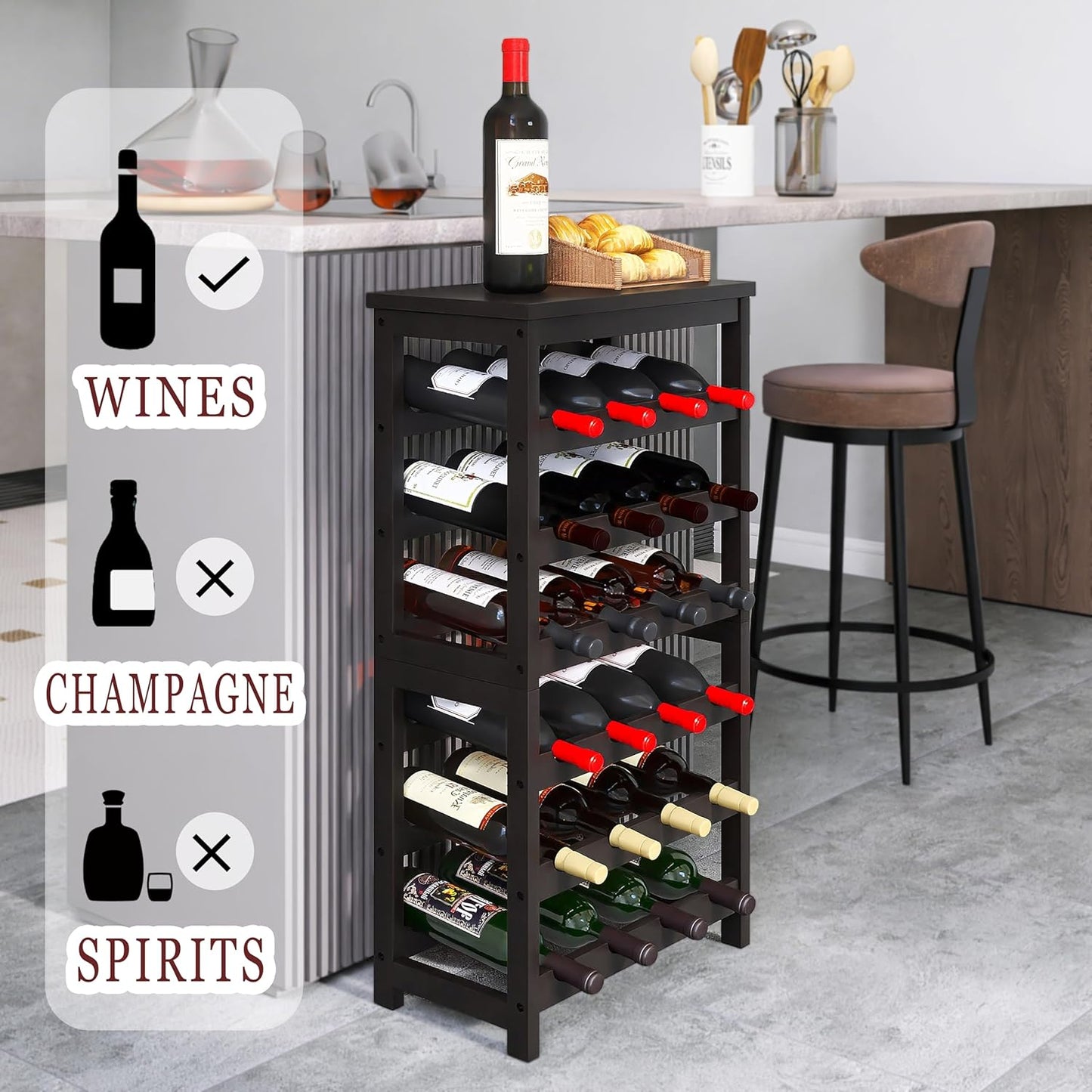 24 Bottle Wine Rack Freestanding Floor, 6 Tier Wine Display Storage Shelves with Tabletop, Bamboo Wine Bottle Holder Stand with Wave Bars for Kitchen Dining Room Pantry, Black