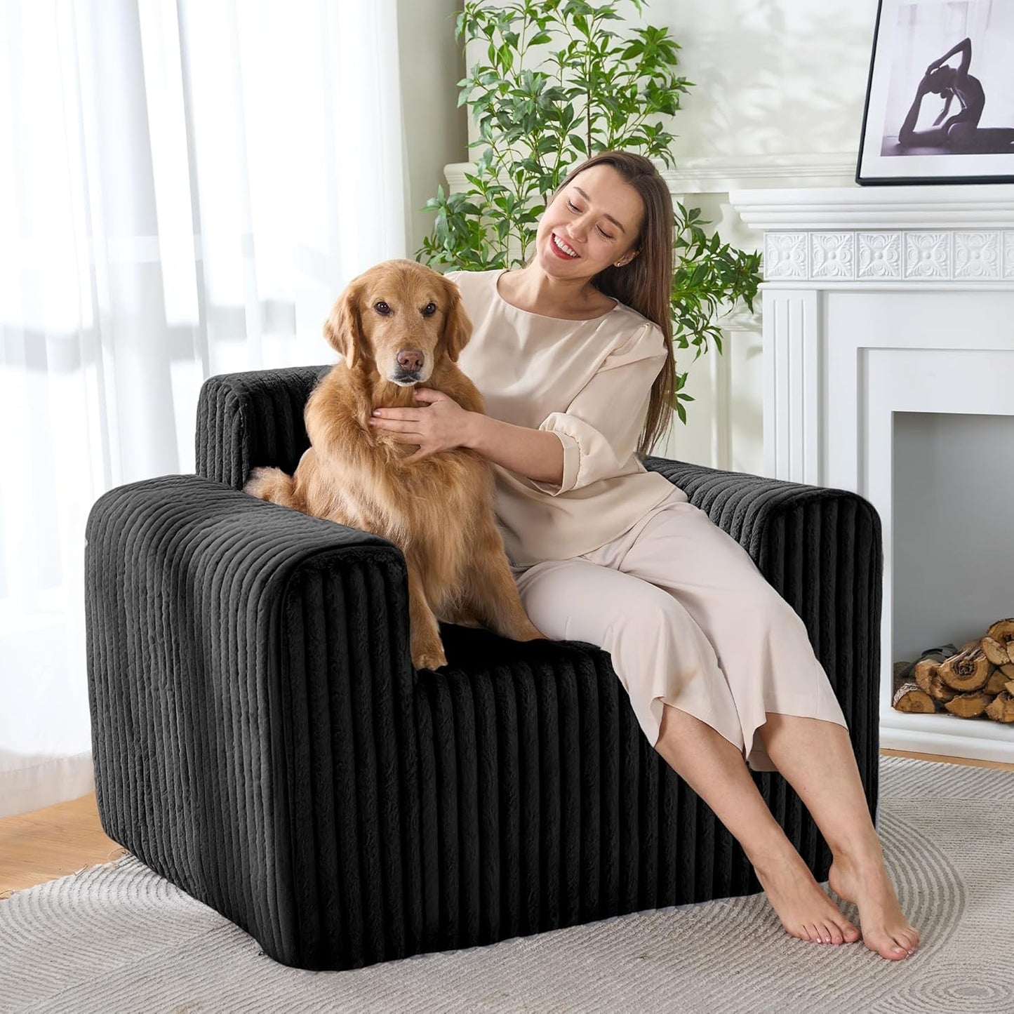 HABUTWAY Giant Bean Bag Chairs for Adults with Armrests, High Backrest Bean Bag Lounge Lazy Sofa with Durable Elastic Foam Filling & Comfy Fabric, Single Couch for Bedroom/Dorm/Living Room(Black)