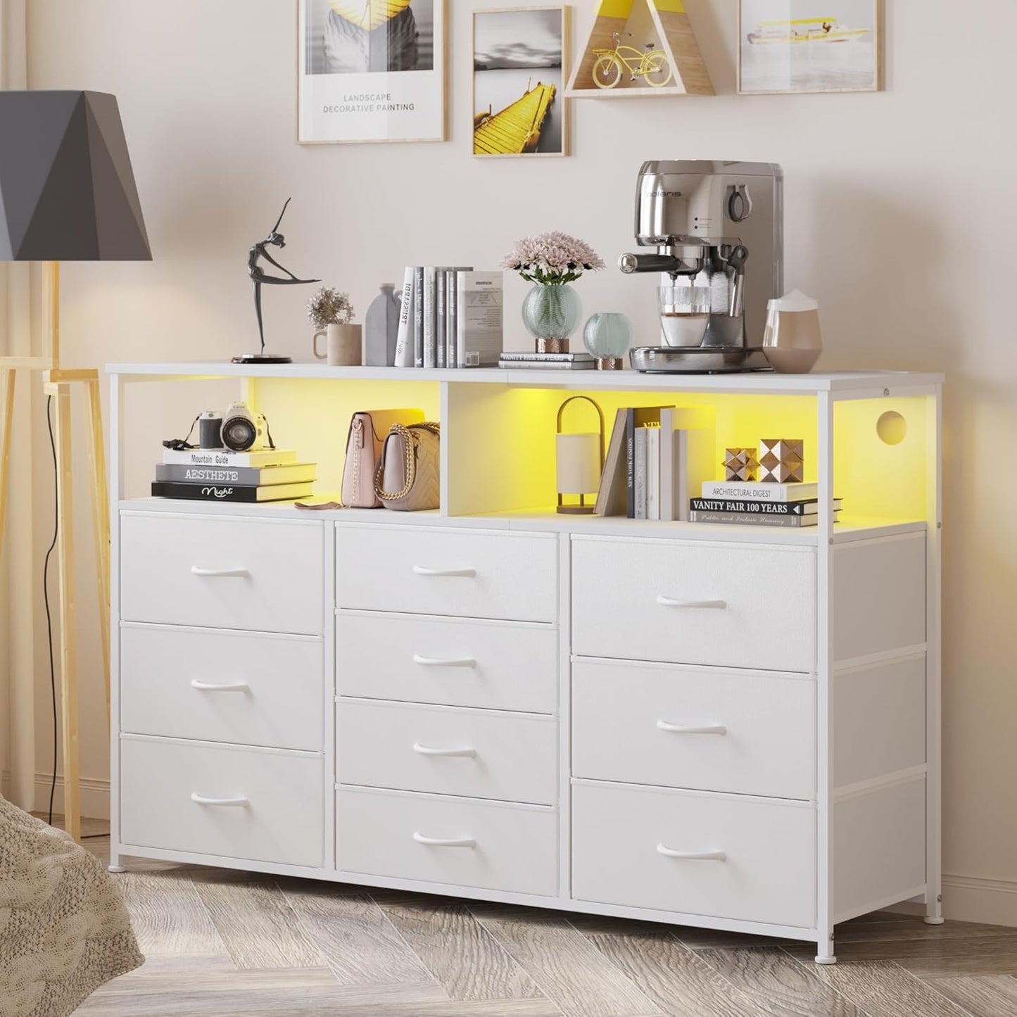 55W 10-Drawers Dresser with 2 Open Storage Shelves, TV Stand Dresser for 55,65 inch TV，with Power Outlets and LED Lights, Fabric Dressers Drawers for Bedroom, Living Room (White)