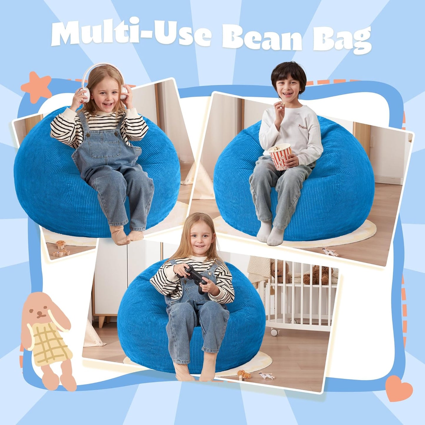 HABUTWAY 2 FT Bean Bag Chair,Giant Bean Bag Chairs,Big Bean Bags with Memory Foam Filled, Large Beanbag Chairs with Soft Corduroy Cover-Blue