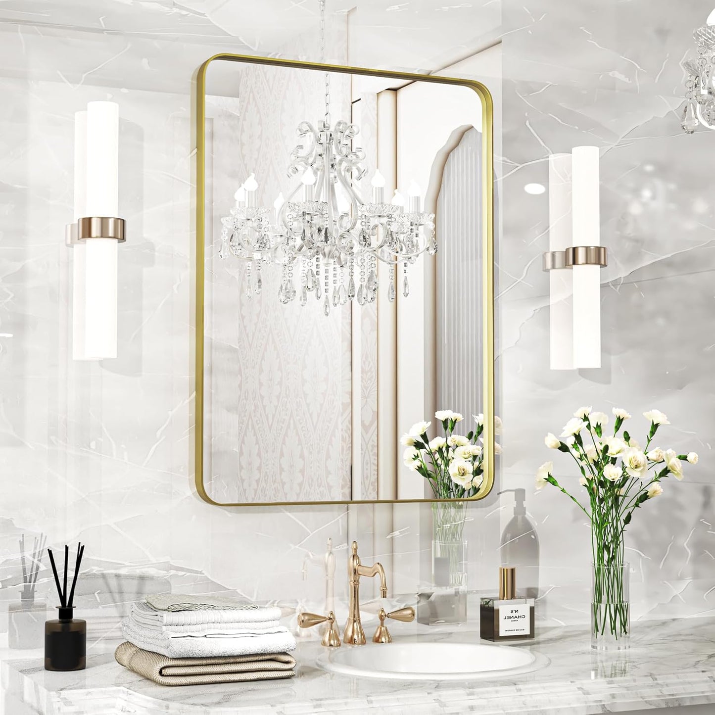 Fun Memories Gold Bathroom Mirror 22X30 Inch Bathroom Vanity, Metal Gold Frame Large Mirror, Modern Wall Mirror for Bathroom, Tempered Glass, Farmhouse, Horizontally or Vertically
