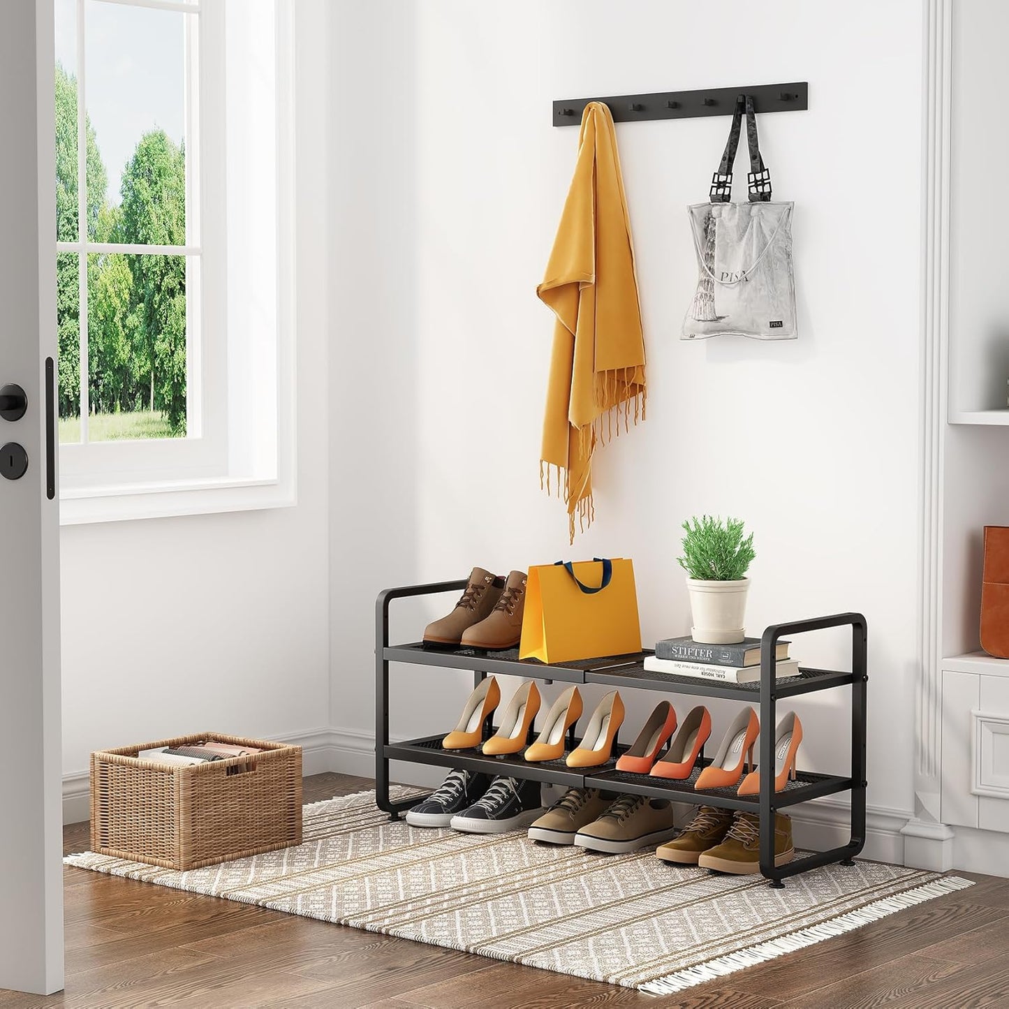 Shoe Rack - Expandable Shoe Organizer for Closet, Adjustable Metal Shoe Shelf Storage, 2 Tier Stackable Long Shoe Stand Holder for Garage, Entryway, Door Entrance, Black