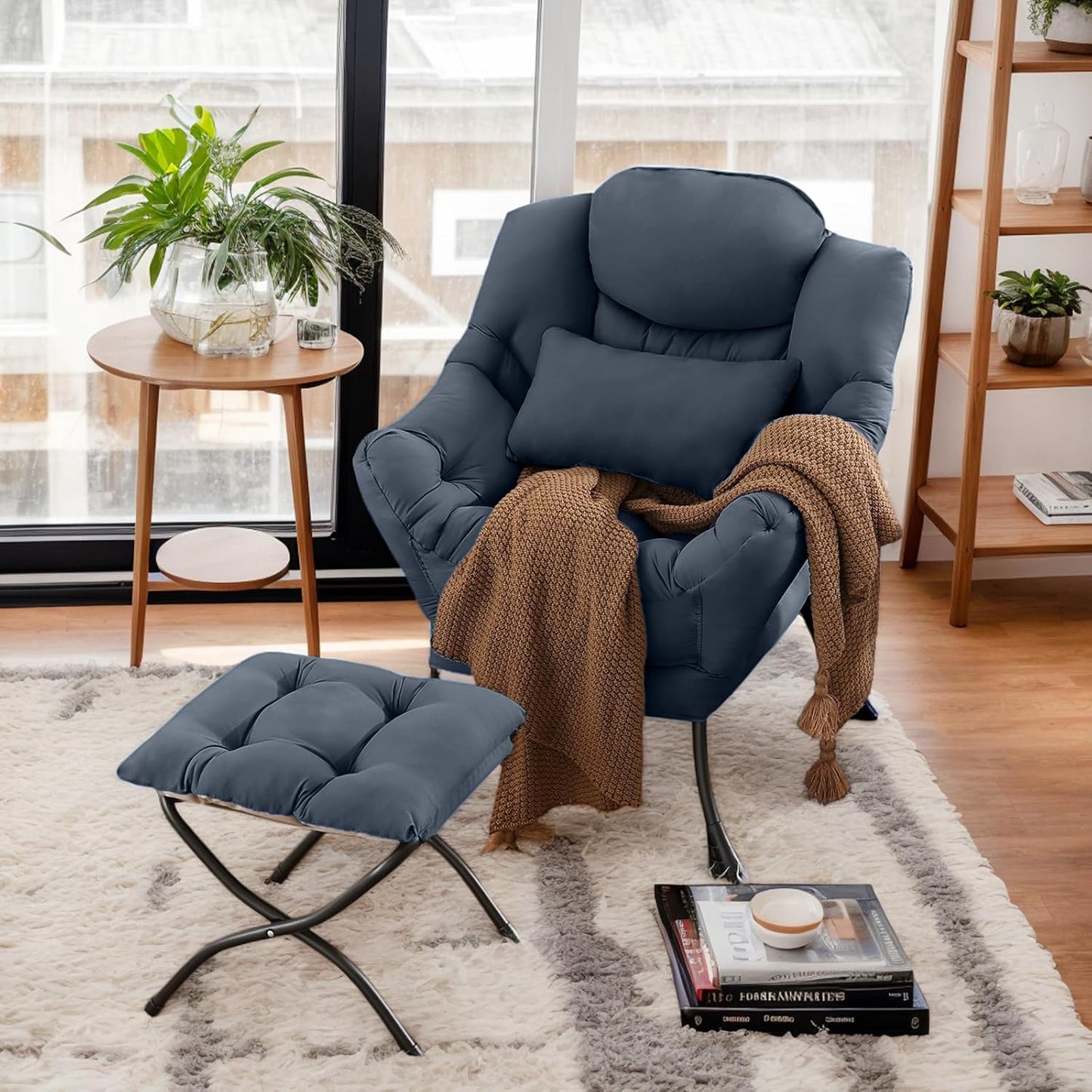 Lazy Chair with Ottoman, Modern Lounge Chair with Lumbar Pillow, Accent Cozy Reading Armchair and Folding Footstool for Bedroom, Dorm, Living Room,Navy