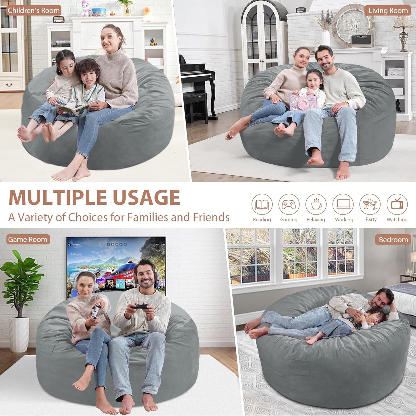 5FT Bean Bag Chair, Large Bean Bag Chairs with Memory Foam Filled, Fluffy Beanbag Sofa with Dutch Velvet Cover, Round BeanBag Chairs for Living Room, Playroom - Light Grey