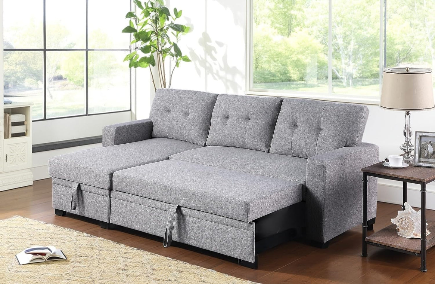 82 Inch Convertible Sleeper Sectional Sofa with Storage Chaise and Pull-Out Bed, Linen Upholstered Reversible Corner Couch, Modular L Shaped Couches for Living Room, Home Furniture, Light Gray