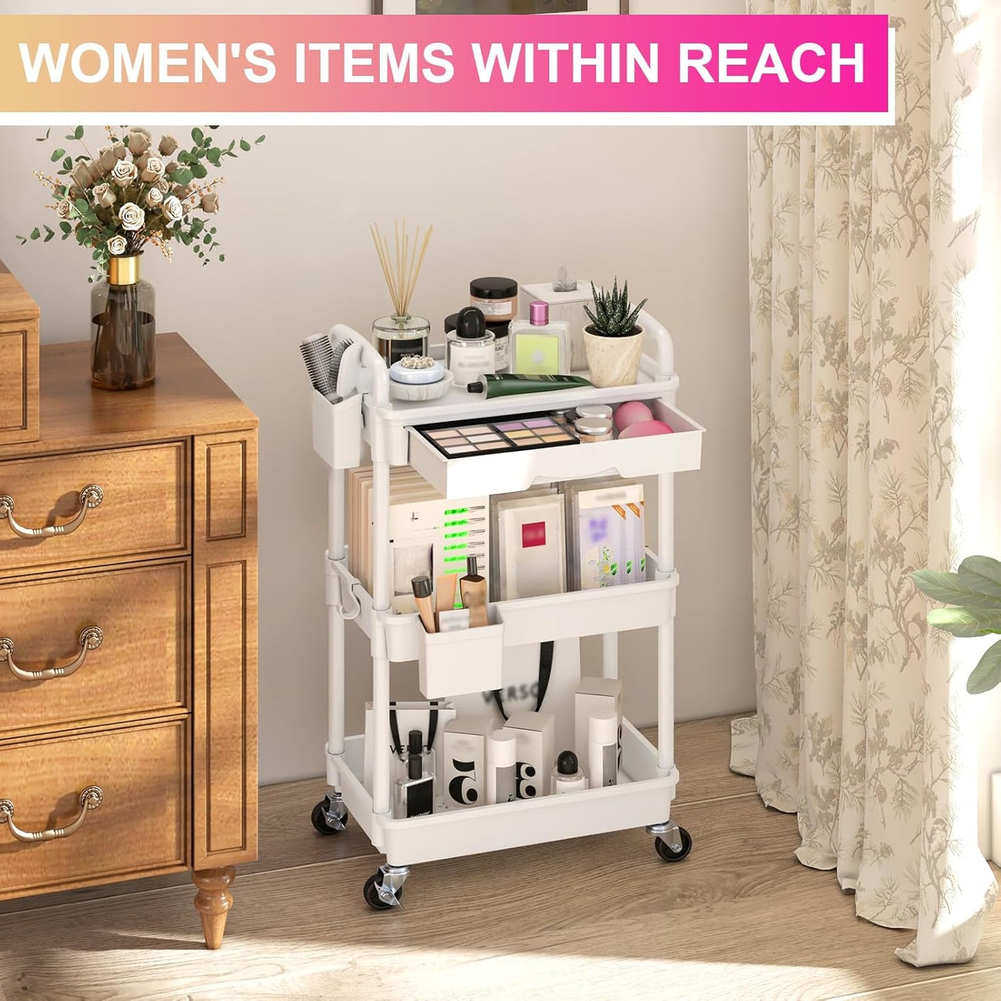 Goovilla 3 Tier Rolling Utility Cart Organizer with Removable Drawer, Stable and Sturdy White Rolling Storage Carts with 2 Lockable Wheels for Bathroom, Kitchen, Snack, Craft, Makeup, Baby Essentials