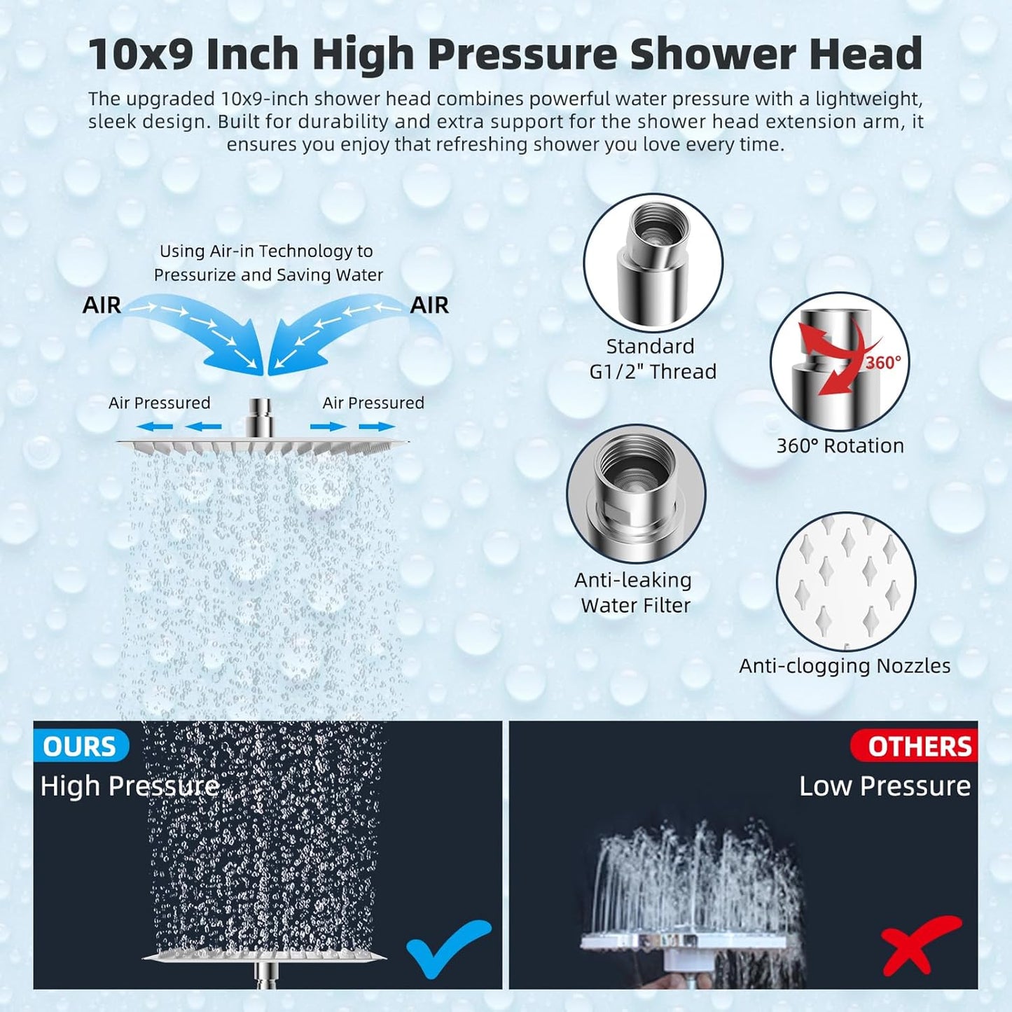 Hibbent All Metal 10'' Rainfall Shower Head, Dual Shower Head Combo, High Pressure Handheld Shower Wand, 16'' Adjustable Arc-shaped Shower Extension Arm, 71'' Hose, Showerhead Holder, Chrome