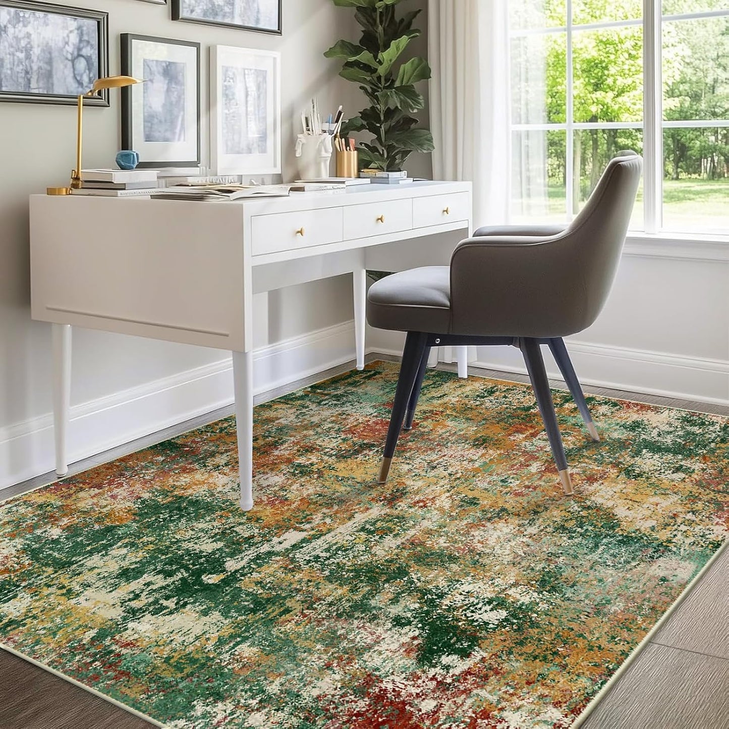Washable Area Rugs 5'x7' Non-Slip Modern Abstract Soft for Living Room Entryway Bedroom Nursery, Print Pattern, Green Orange Rust Red Cream Colorful