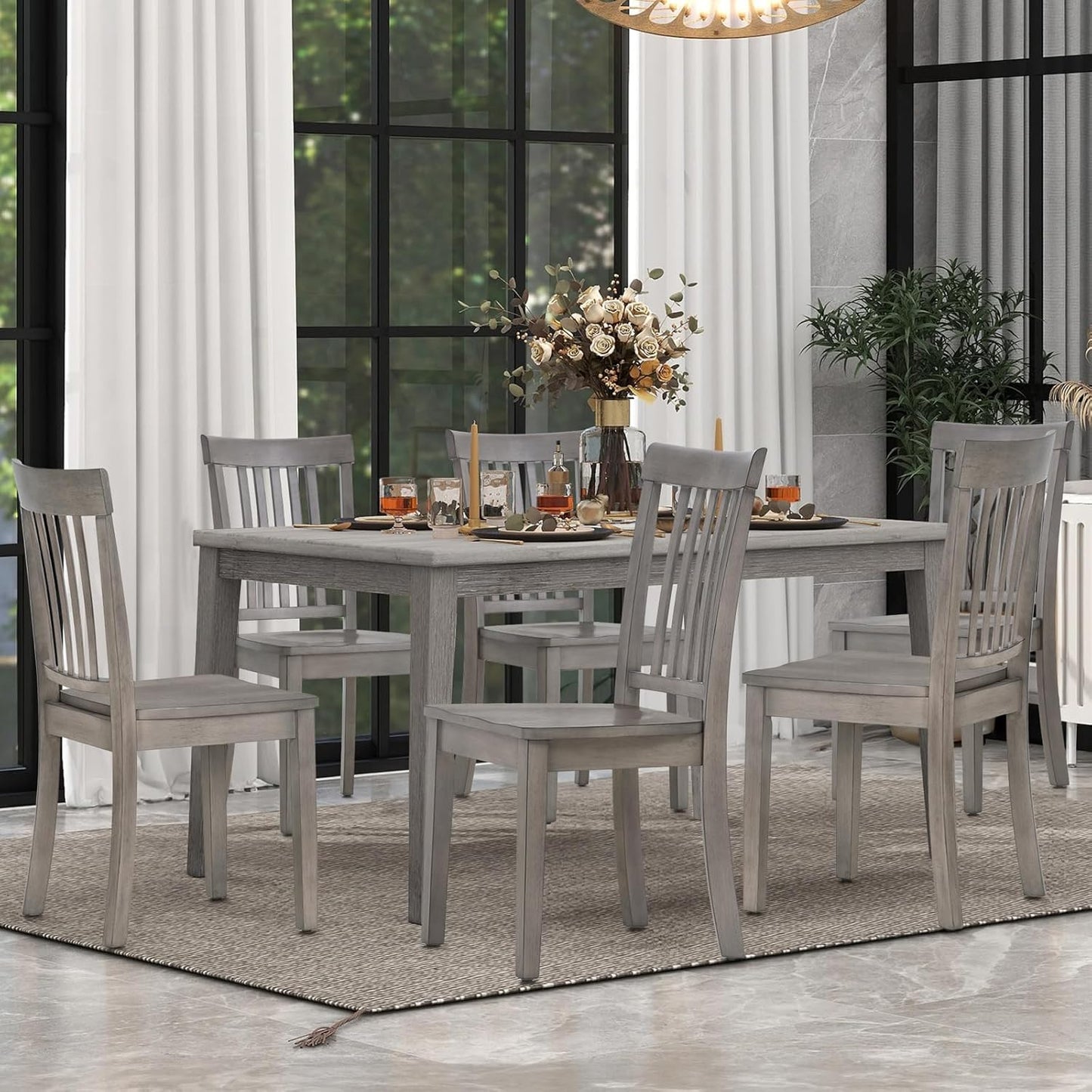 COLAMY Wooden Dining Chairs Set of 6, Spindle High Back Windsor Kitchen Side Chair, Farmhouse Dining Chairs for Kitchen and Dining Room, Light Grey