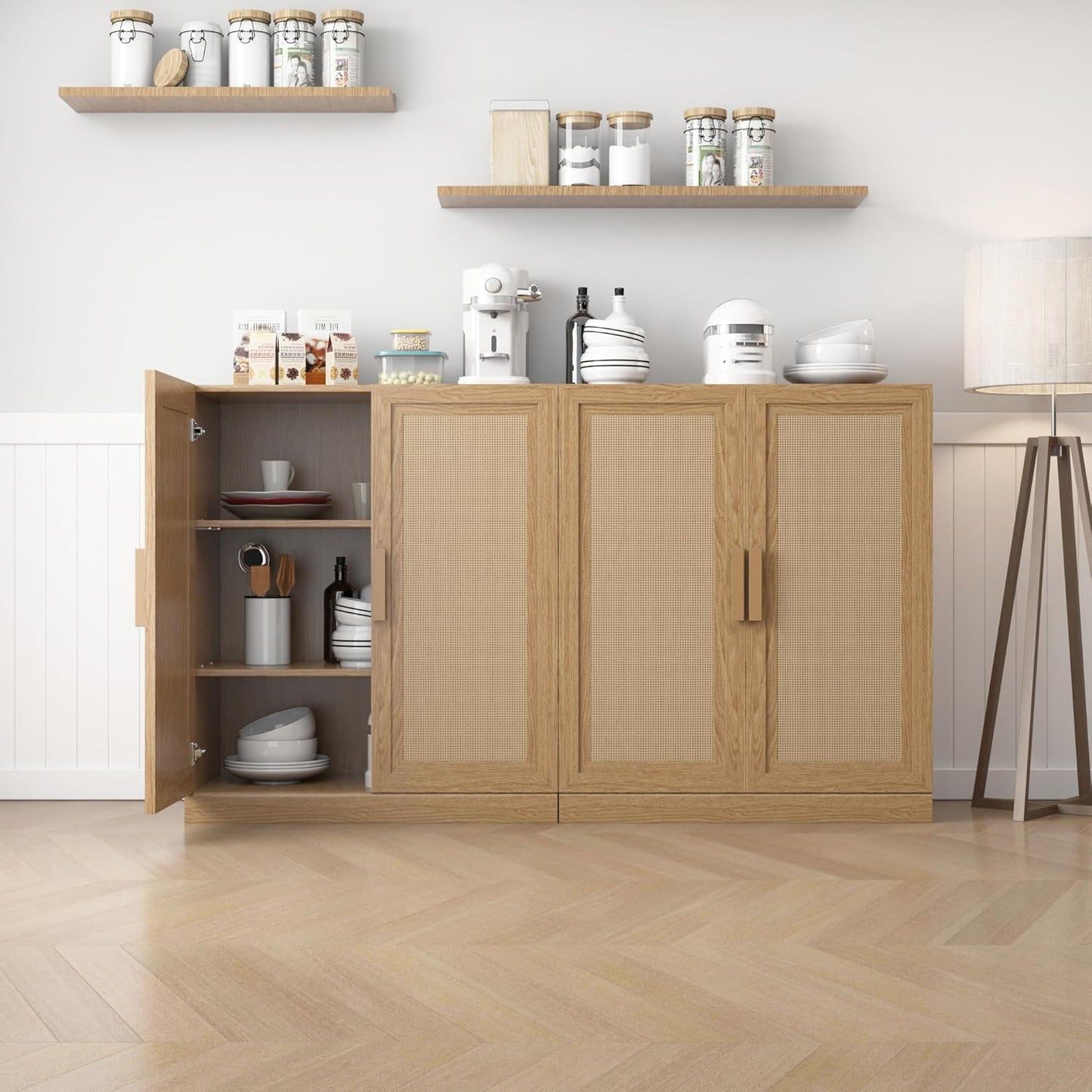 Buffet Cabinet, 4-Doors Sideboard Cabinet with Rattan Panels, Buffet Console Accent Table for Hallway Entryway Dining Room, 72", Oak