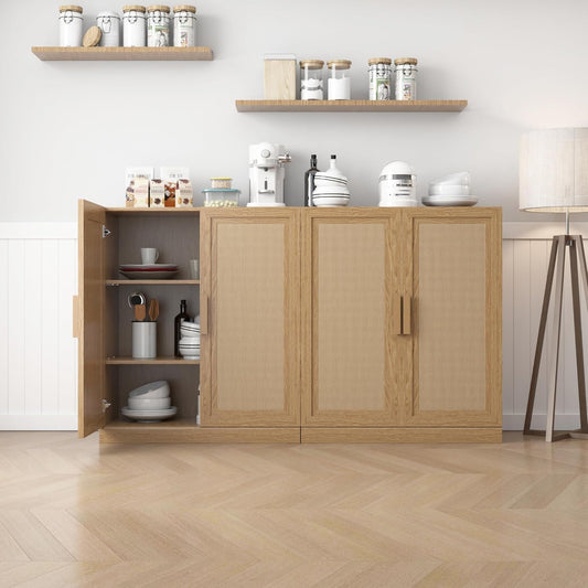 Buffet Cabinet, 4-Doors Sideboard Cabinet with Rattan Panels, Buffet Console Accent Table for Hallway Entryway Dining Room, 72", Oak