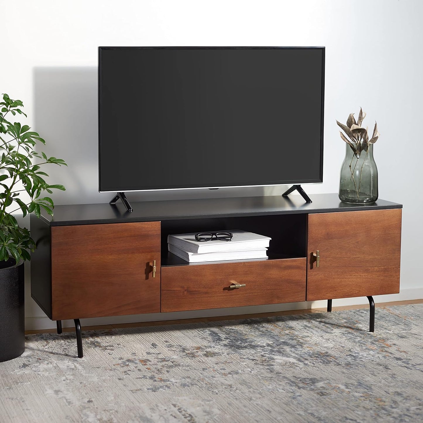 SAFAVIEH Genevieve TV Stand for up to 65" Flatscreen – Black & Walnut Brown Finish, Mid-Century Modern Storage Cabinet, Entertainment Media Console (MED5000F)