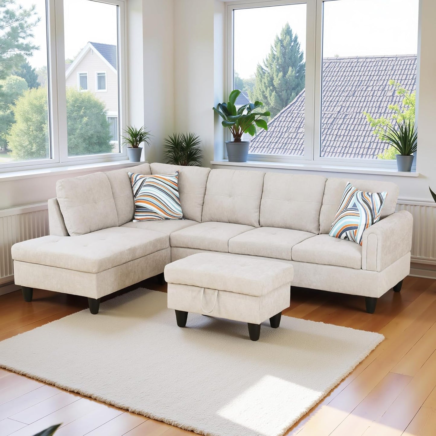 L Shaped Couch Modern Sectional Couch Upholstered Fluffy Fabric 3 Pieces Sofas for Living Room with Chaise, Storage Ottoman for Office and Small Apartment, Light Grey