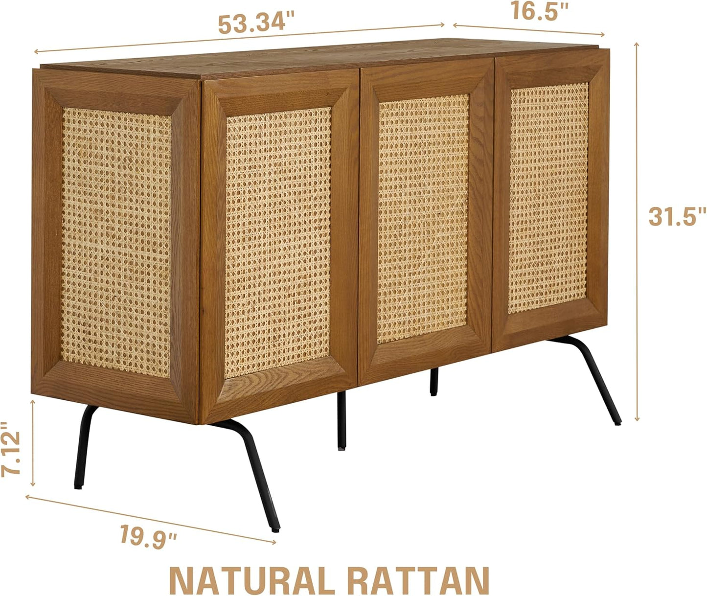 NTC MOSSIC Modern Sideboard with 3 Doors, Natural Rattan Storage Cabinet, Buffet with Metal Legs, Boho Accent Cabinet for Living Room, and Entryway, Effortless Assembly - Rustic Oak