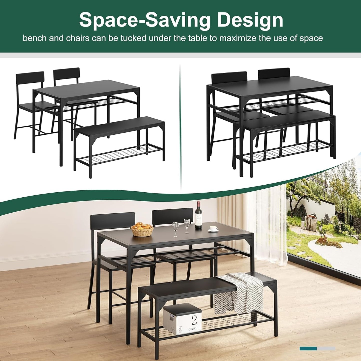 Shintenchi Kitchen Table Chairs Set of 4, Dining Table Set for 4 with Bench and Chairs, 4 Pieces Kitchen Table Set with Storage Rack & Metal Frame for Small Space, Black