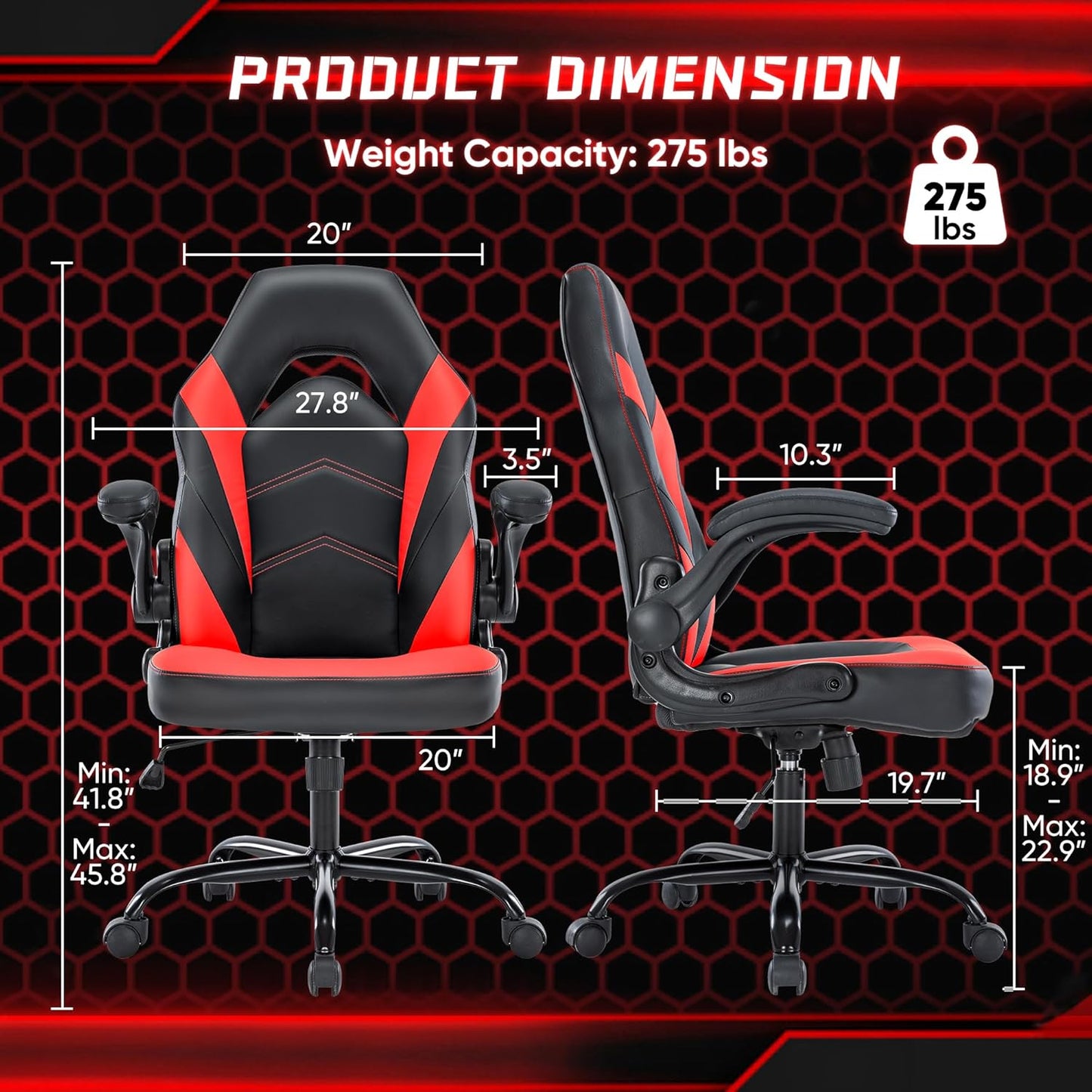 OLIXIS Computer Gaming Desk Chair - Big and Tall Ergonomic Comfy Lumbar Support with Flip-up Armrest and 360° Swivel Wheels, PU Leather Height Adjustable, for Home and Office, Red