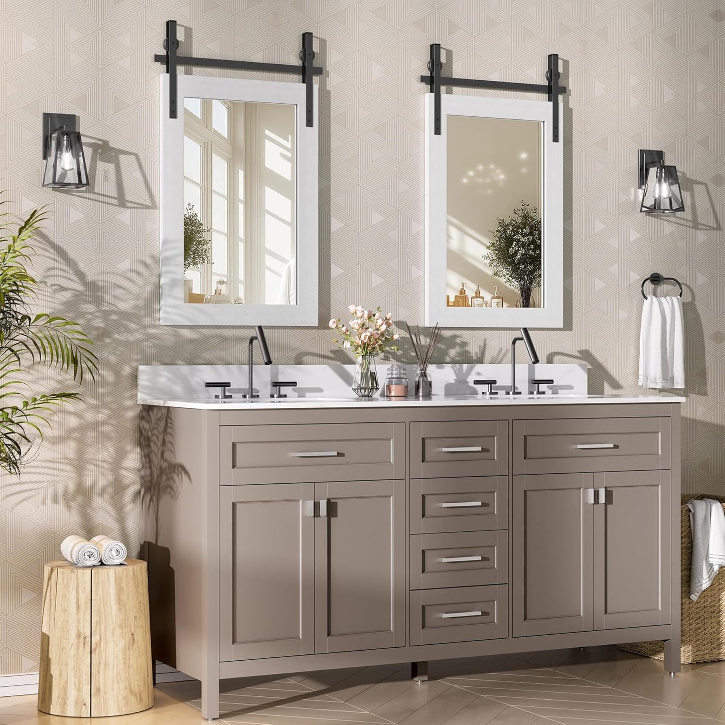 Hasipu Farmhouse Bathroom Mirror, 18"x26" Rustic Wood Framed Wall Mounted Mirror, White Vintage Vanity Mirror Barn Door Style Decrative Mirrors