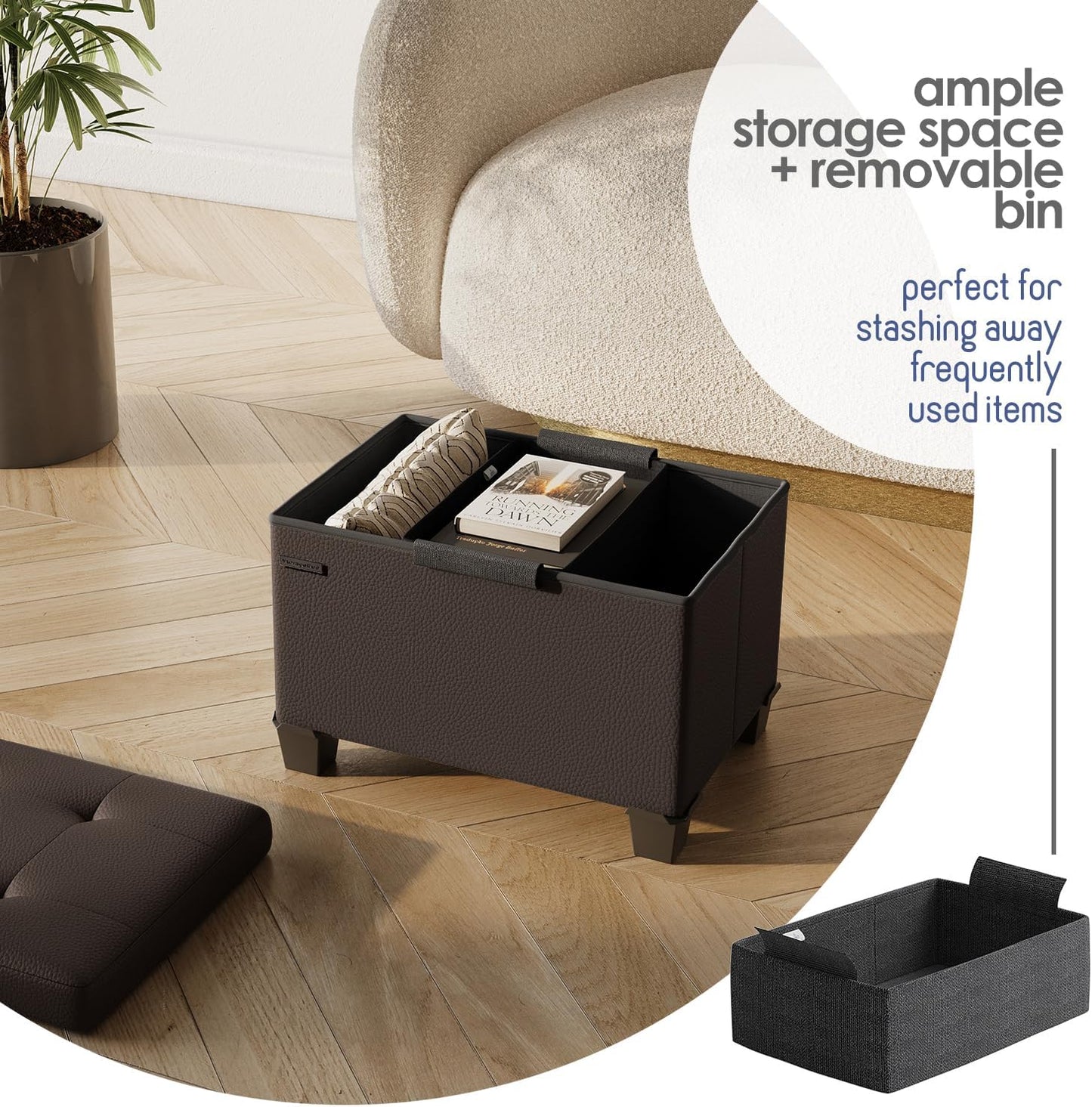 STORAGEBUD Storage Ottoman Cube with Small Bin, 16-in Square Ottoman with Storage for Living Room and Bedroom, Small Ottomans Foot Rest, Faux Leather Foot Stools Ottomans Max 330lbs, Brown