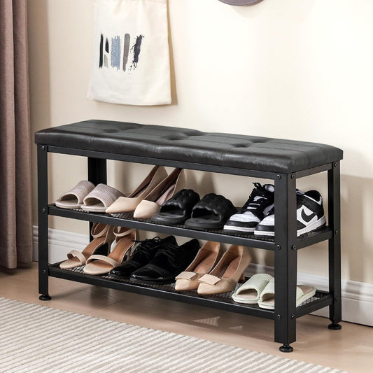 Apicizon 35.5" Shoe Rack Bench, 3-Tier Entryway Bench, with Leather Seat and Metal Frame, Loads 300 lb, Suitable for Living Room, Hallway, Mudroom, Doorway, Black