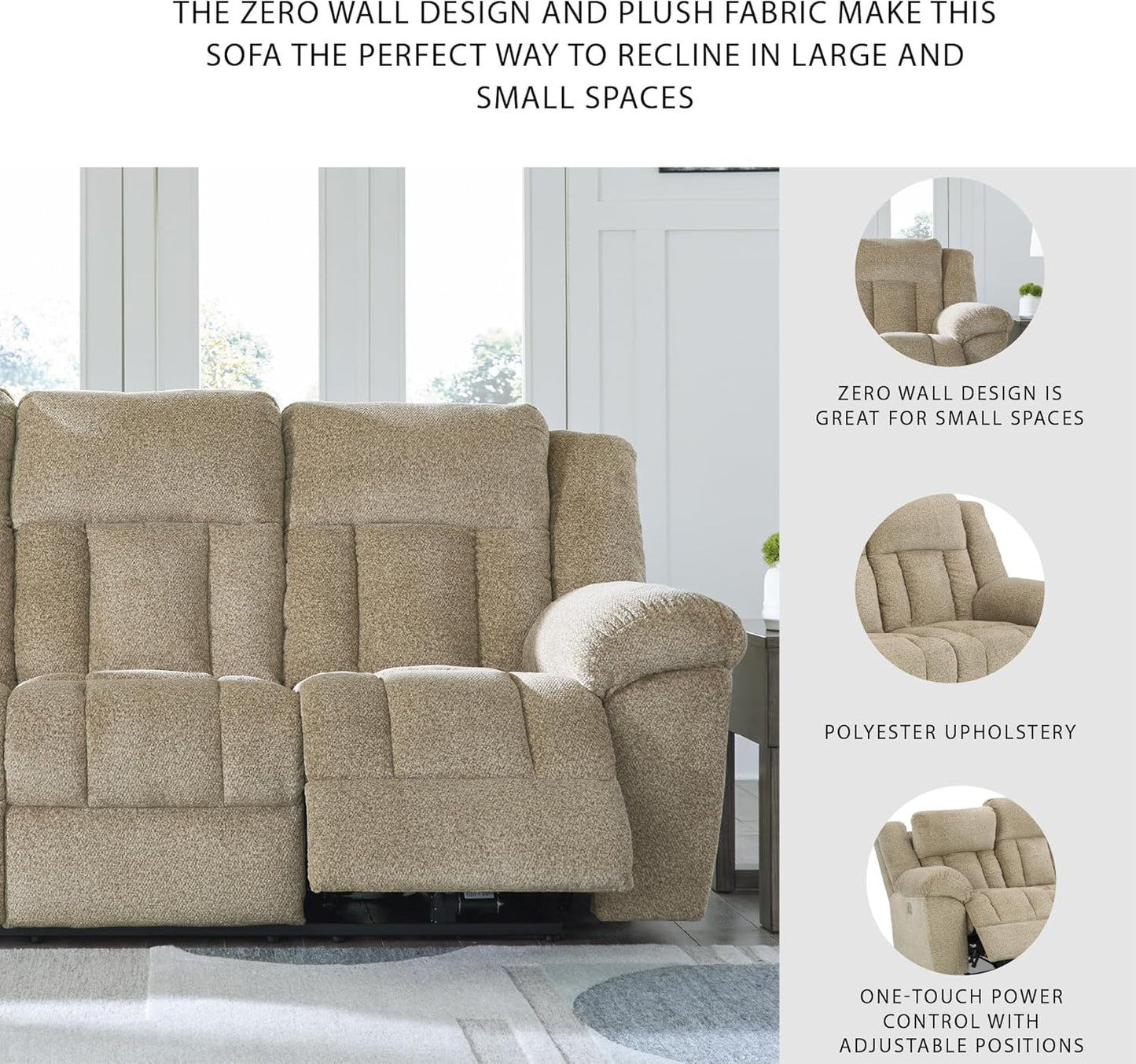 Signature Design by Ashley Tip-Off Classic Wall Hugger Power Reclining Sofa with Adjustable Headrest and USB Ports, Light Brown