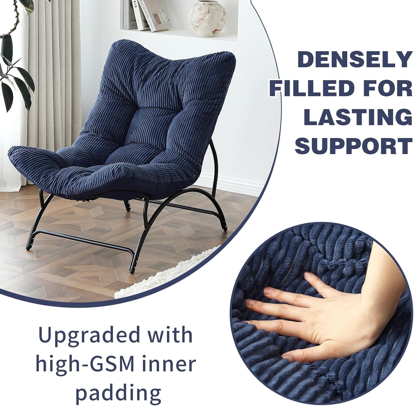 Welnow Accent Lounge Lazy Chair, Comfy Soft Leisure Metal Frame Reading Chair, Upholstered Thick Cushion Seated Recliner Sofa for Living Room, Bedroom, Dorm, Navy