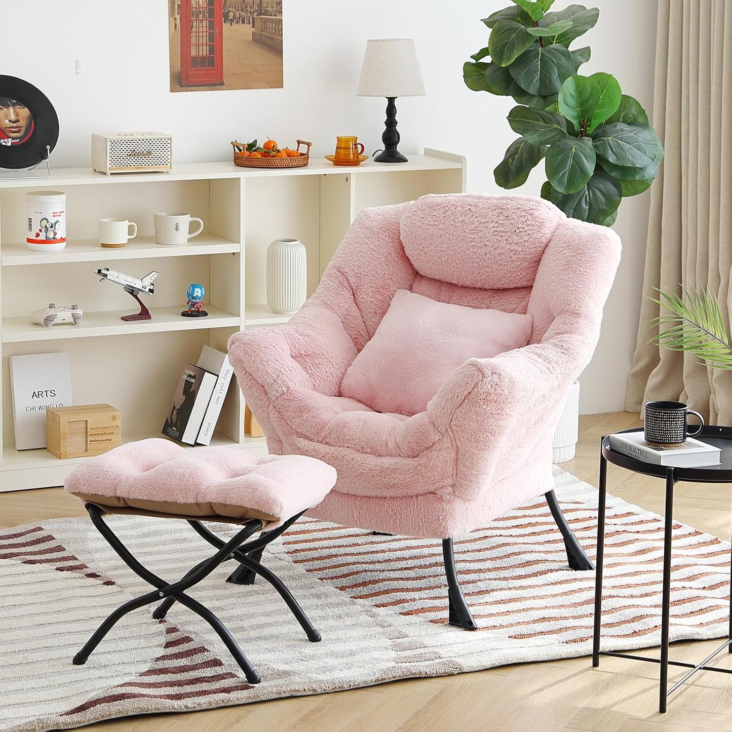 Lazy Chair with Ottoman, Comfy Reading Lounge Chair with Footstool & Throw Pillow Modern with Armrests & Side Pocket for Living Room, Bedroom, Dorm Room, Plush Pink