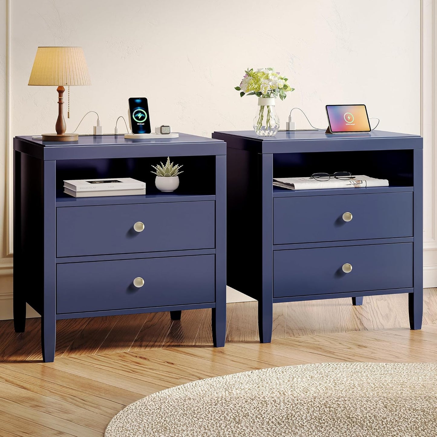 Huuger Blue Nightstand Set of 2, Night Stand with Charger Station, Bedside Table with 2 Drawers, Bed Side Tables for Bedroom, Modern Nightstands, Metal Knobs, Painted Surface