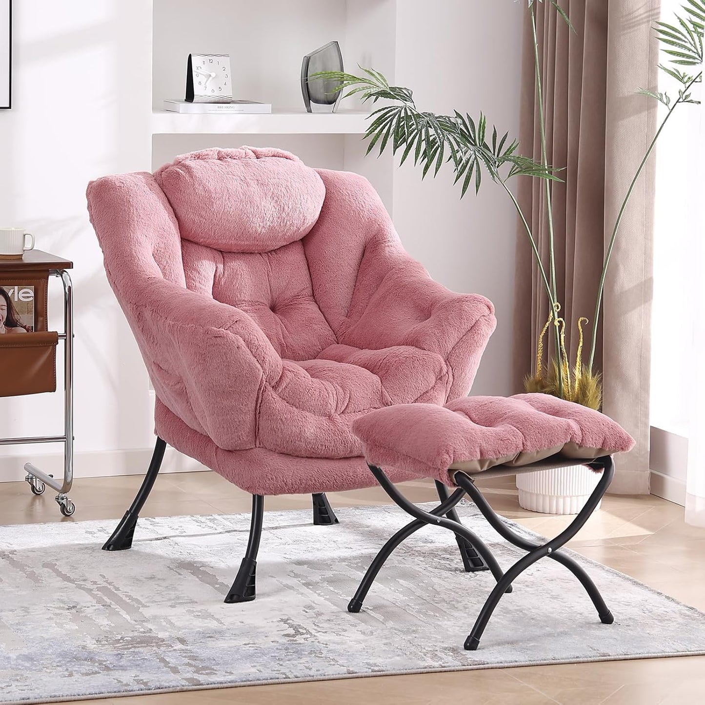 Lazy Chair with Folding Ottoman, Modern Accent Lounge Armchair with Armrests and a Side Pocket & Foldable Footstool, Leisure Reading Chair for Living Room, Bedroom & Dorm, Plush Dark Pink