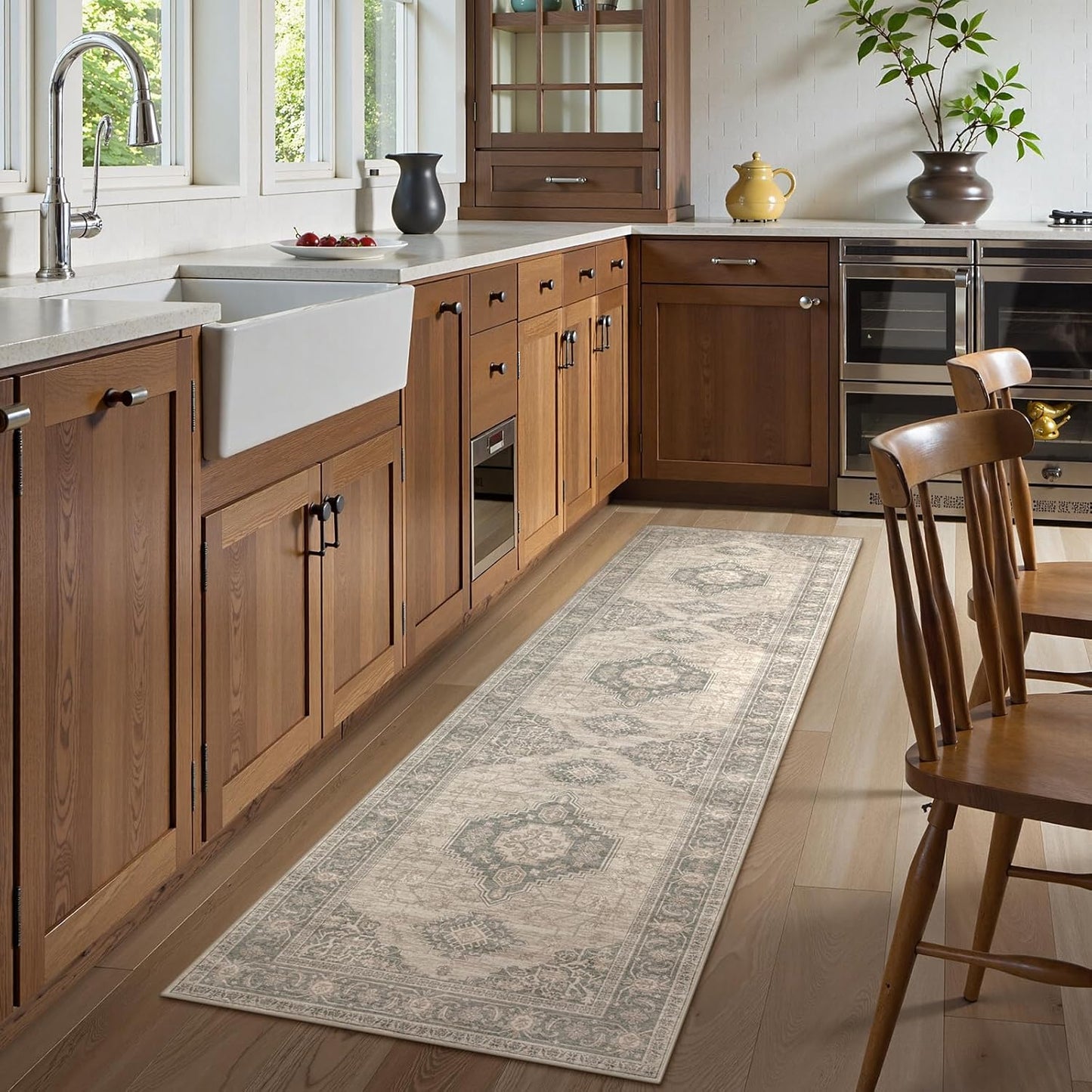 Lahome Oriental Hallway Runner Rug Non Slip, 2.5x8 Kitchen Washable Runner Soft Hallway Rug, Traditional Ultra-Thin Carpet for Bathroom Entryway ‎Laundry Room, Grey/Brown