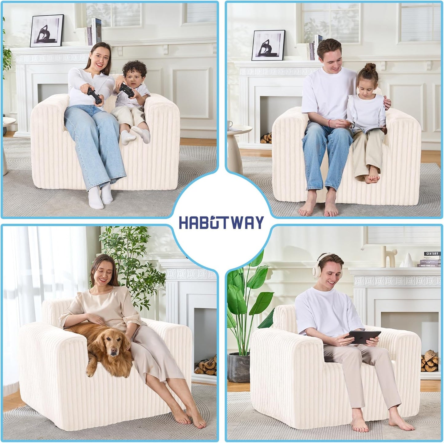 HABUTWAY Giant Bean Bag Chairs for Adults with Armrests, High Backrest Bean Bag Lounge Lazy Sofa with Durable Elastic Foam Filling & Comfy Fabric, Single Couch for Bedroom/Dorm/Living Room(Beige)