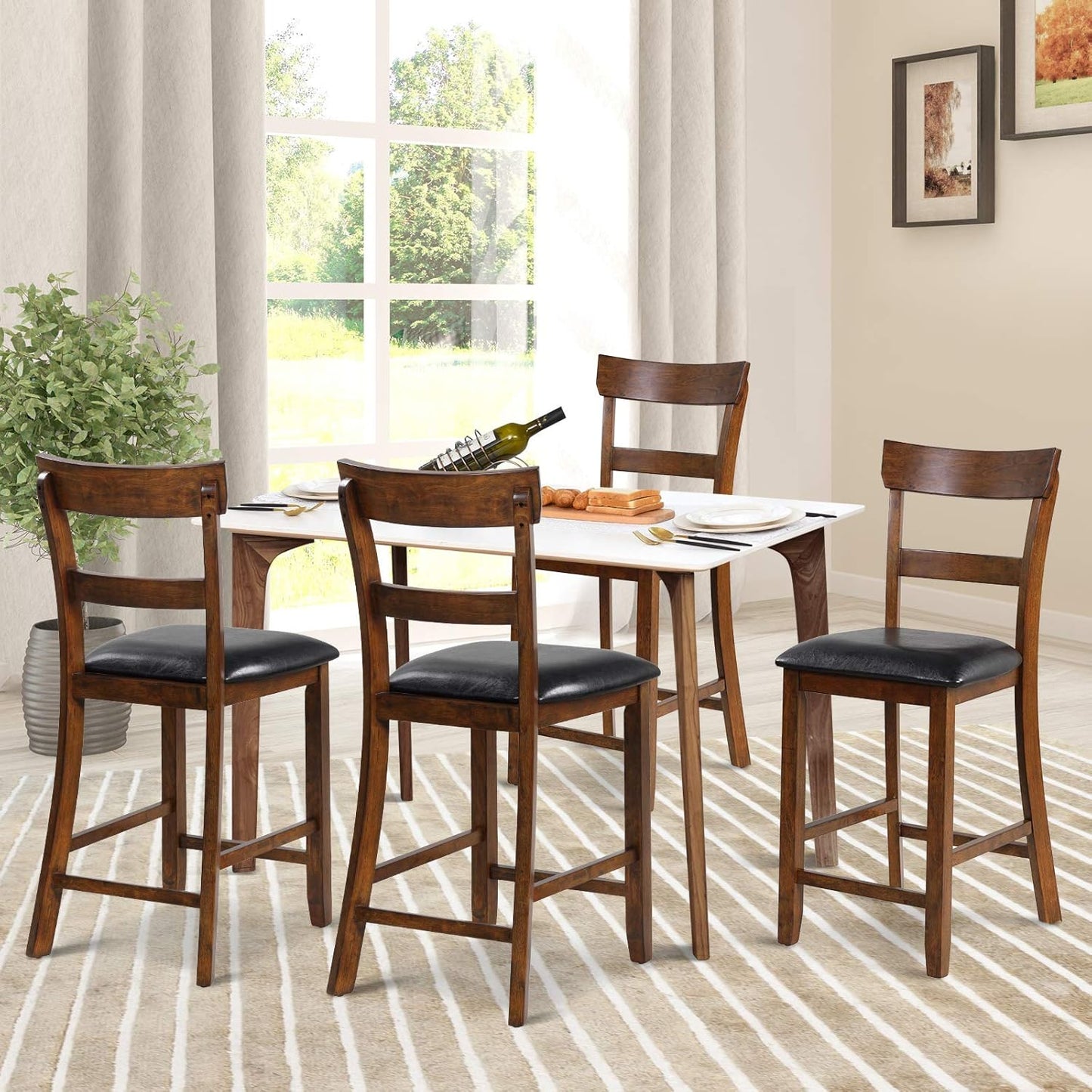 COSTWAY Barstools Set of 4, 25.5-Inch Counter Height Chair with Backrest, Foam-Padded Cushion, Rubber Wood Legs, Wooden Vintage Dining Chair for Bistro, Living Room, Kitchen, Brown and Black