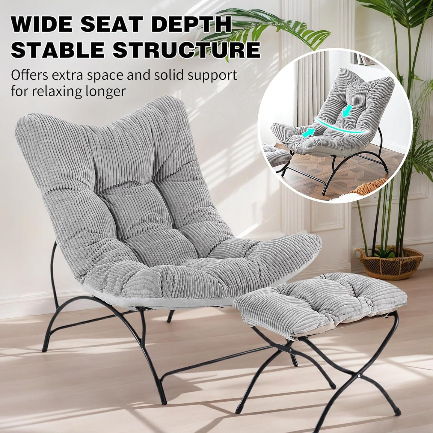 Welnow Accent Chair with Ottoman, Lounge Comfy Soft Leisure Metal Frame Reading Chair with Footrest, Upholstered Thick Cushion Seated Recliner Sofa for Living Room, Bedroom, Dorm, Light Grey