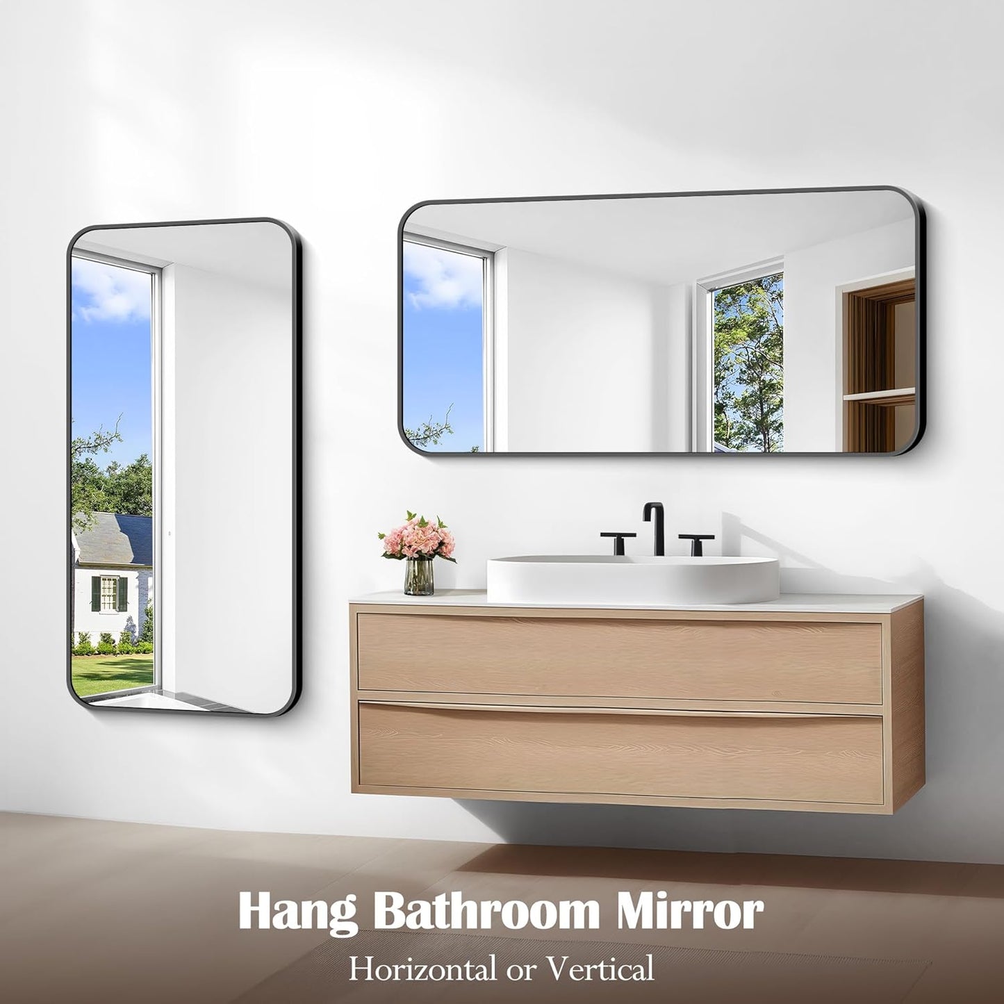 Bathroom Mirror, 48 x 24 inch Black Rectangle Wall Mirror, Metal Framed Rectangular Vanity Mirror, Rounded Corner Wall Mounted Mirror for Modern Bedroom Living Room Horizontal/Vertical