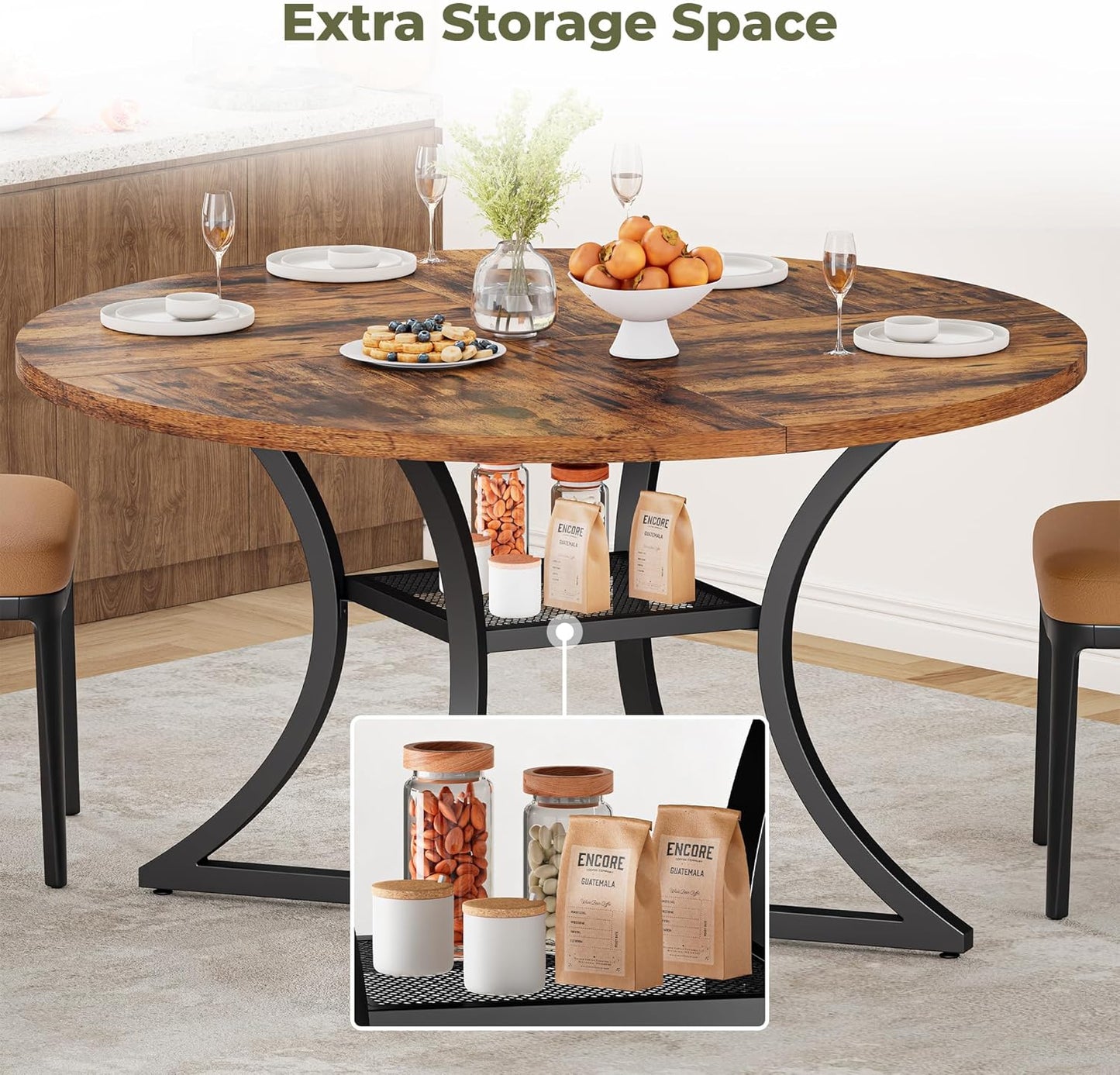 IRONCK 47.2" Round Dining Table for 4, Wood Kitchen Table with Storage Shelf for Dining Room, Dinner Table with Wooden Tabletop and Metal Base, Rustic Brown