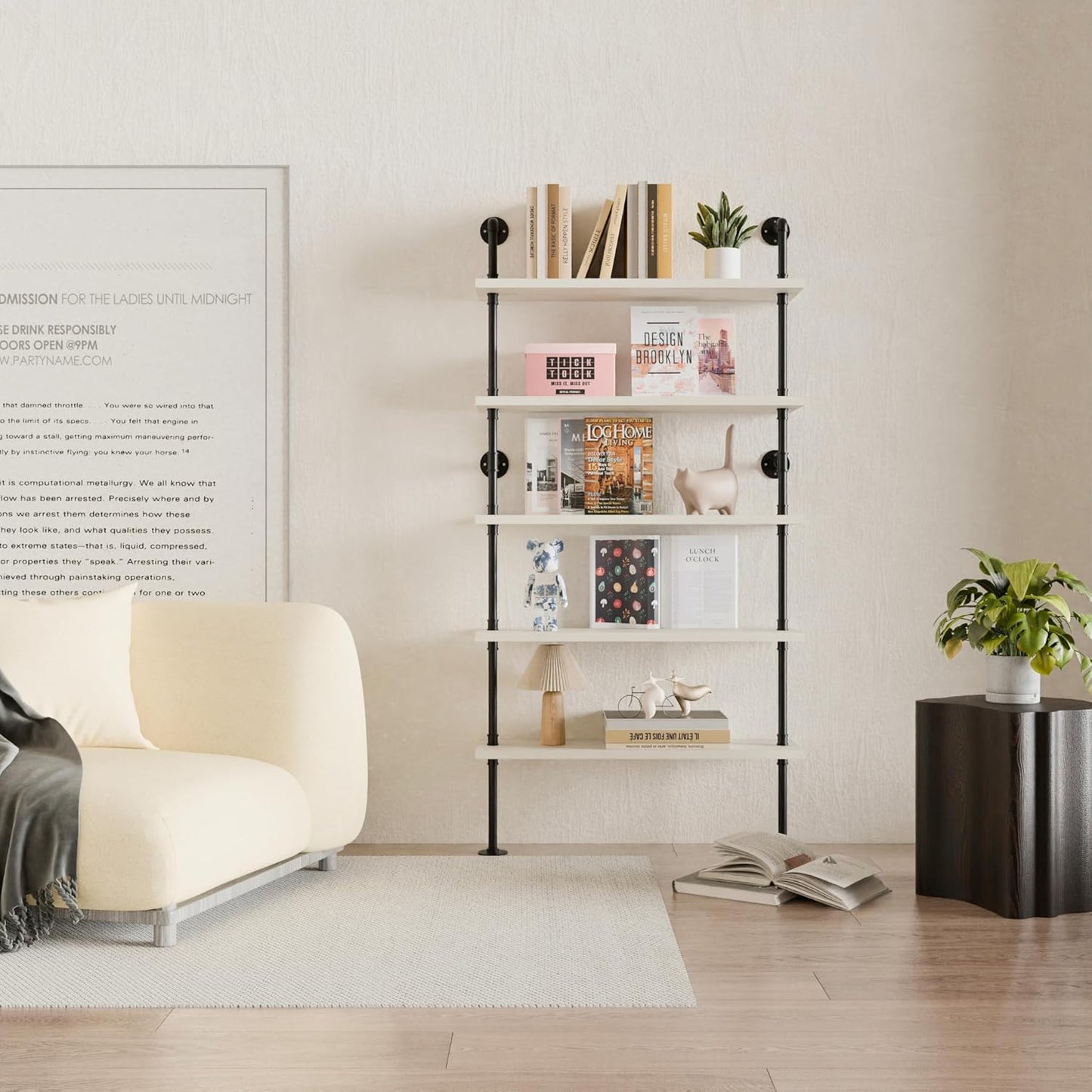 Ladder Pipe Shelves, Wall Mounted Industrial Shelves for Living Room Storage (White, 5 Tier - 10" D x 36" W x 70" H)